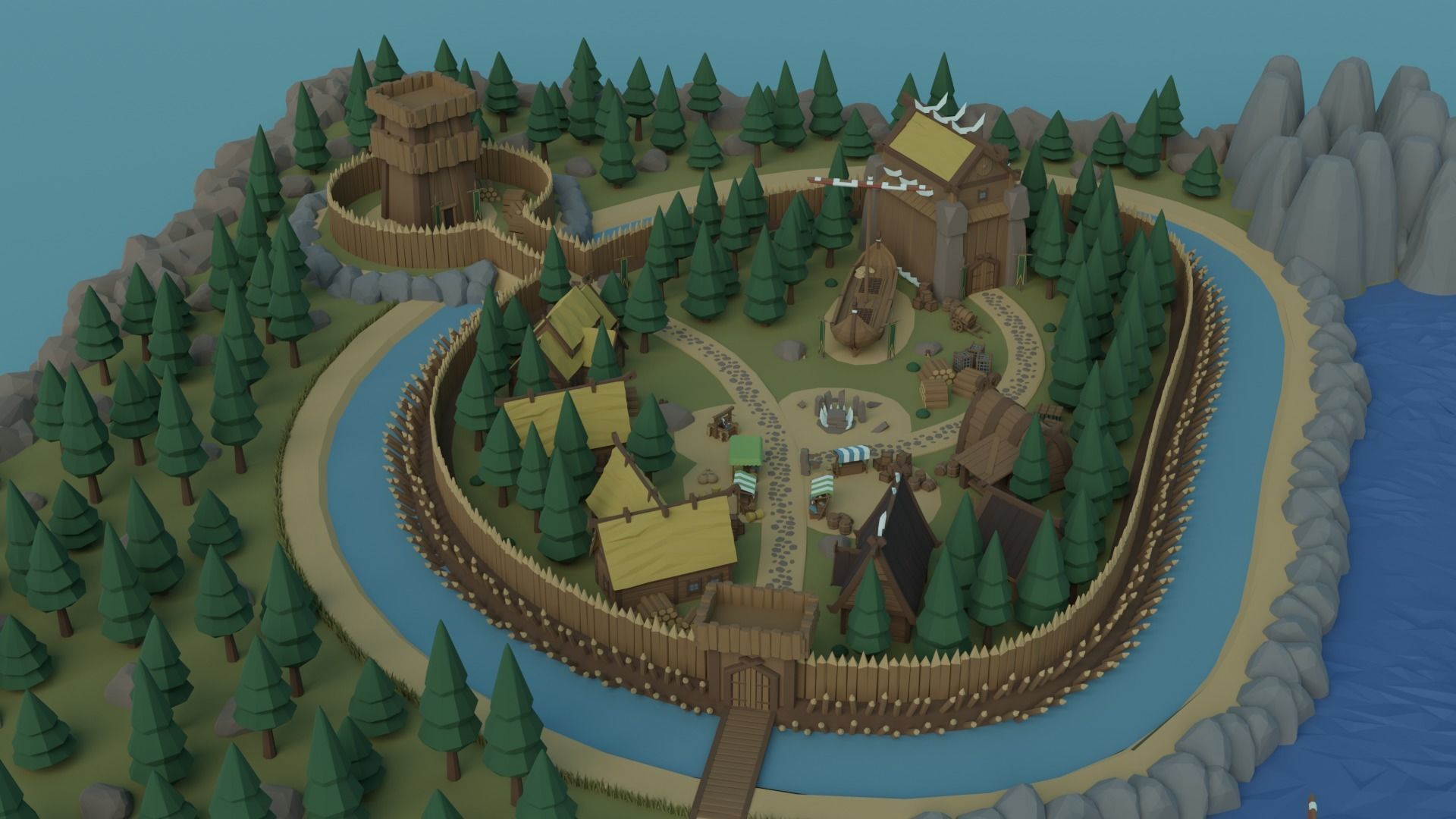 Cartoon Polygonal Viking Castle Low-poly 3D model_2