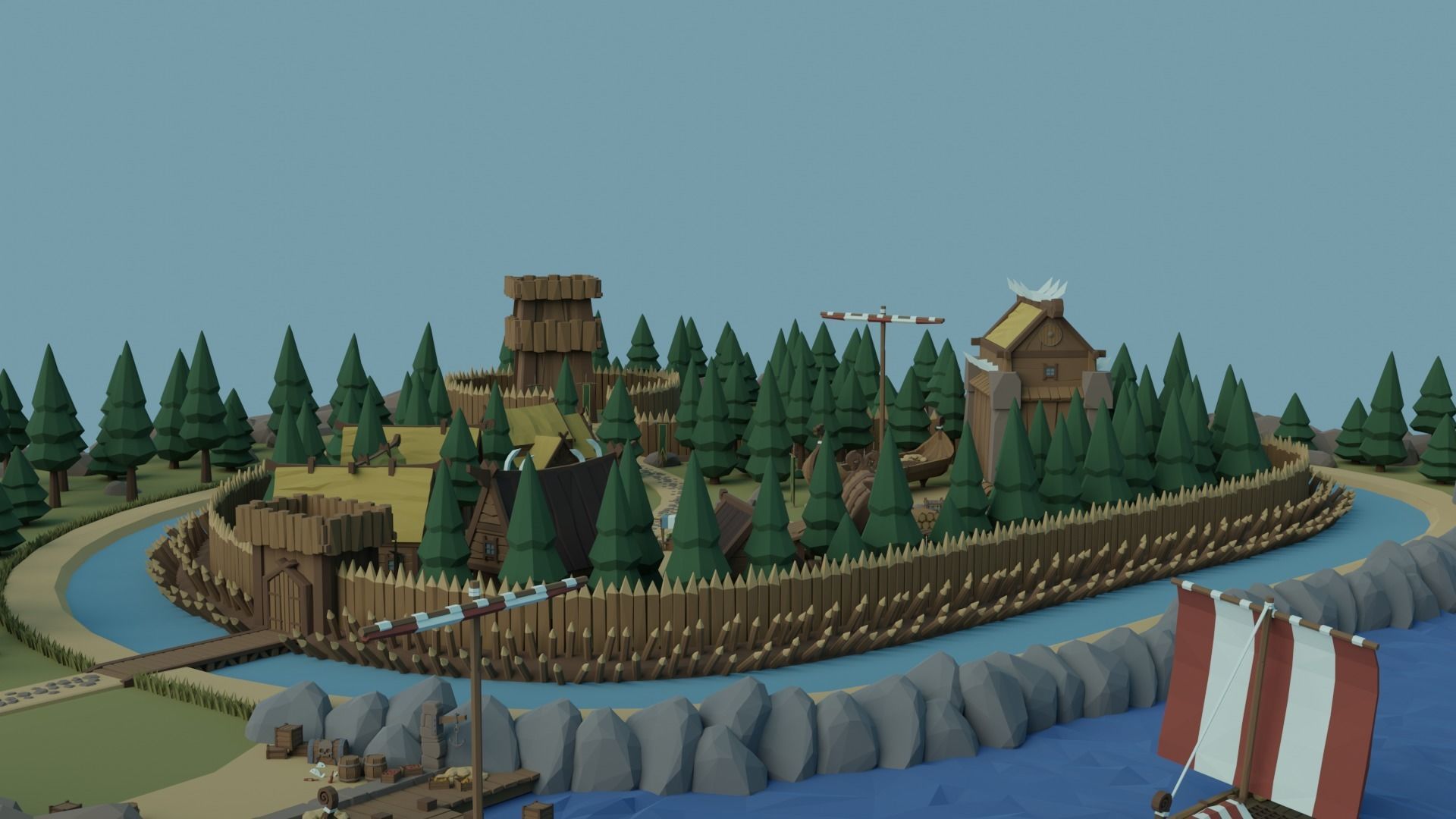 Cartoon Polygonal Viking Castle Low-poly 3D model_1