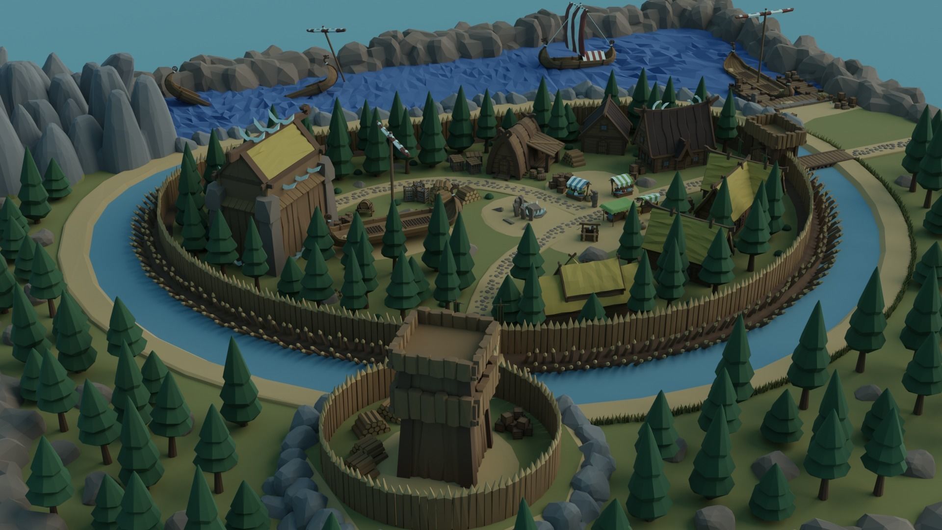 Cartoon Polygonal Viking Castle Low-poly 3D model_4