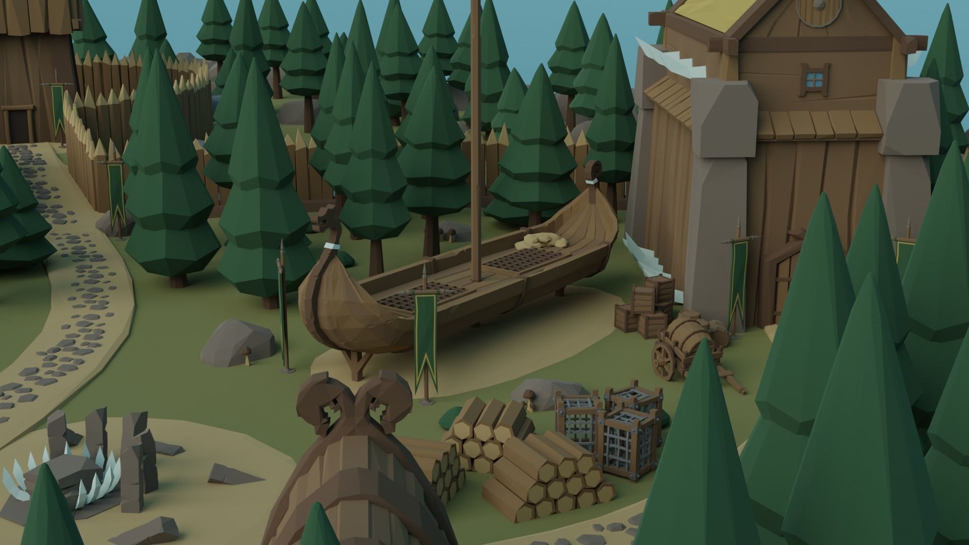 Cartoon Polygonal Viking Castle Low-poly 3D model_6