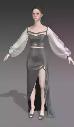 Blouse heart neckline asymetric skirt modern look