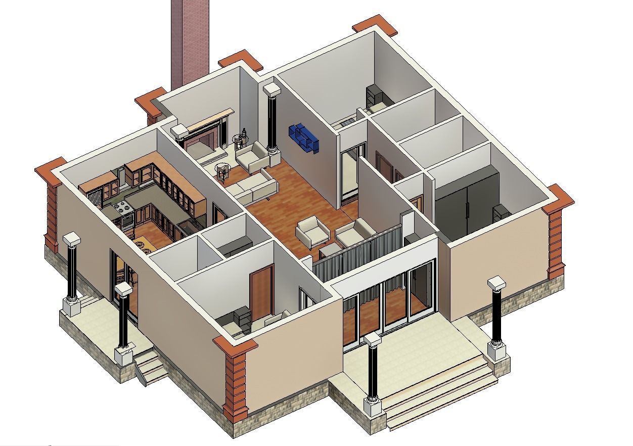 3 Bedroom Autodesk Revit House Model  Low-poly 3D model_3