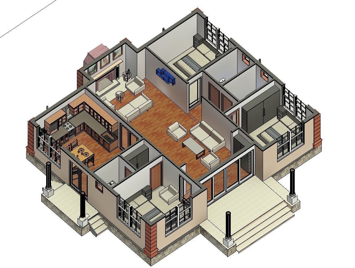 3 Bedroom Autodesk Revit House Model  Low-poly 3D model_4