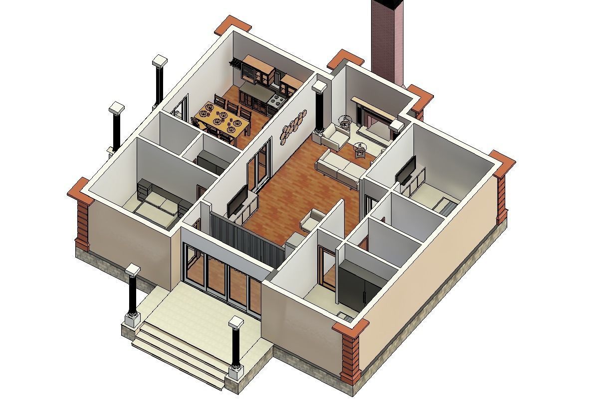 3 Bedroom Autodesk Revit House Model  Low-poly 3D model_1
