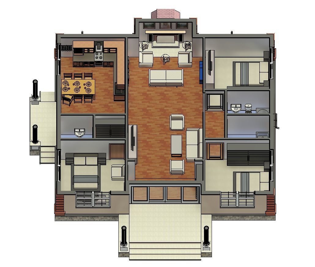3 Bedroom Autodesk Revit House Model  Low-poly 3D model_6