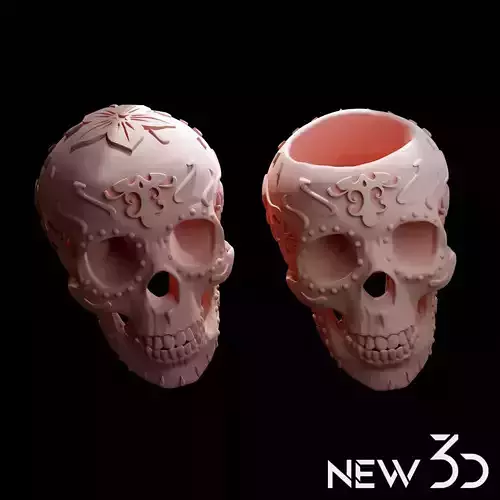 Maceta y craneocon decoracion de dia de muertos 3D print model