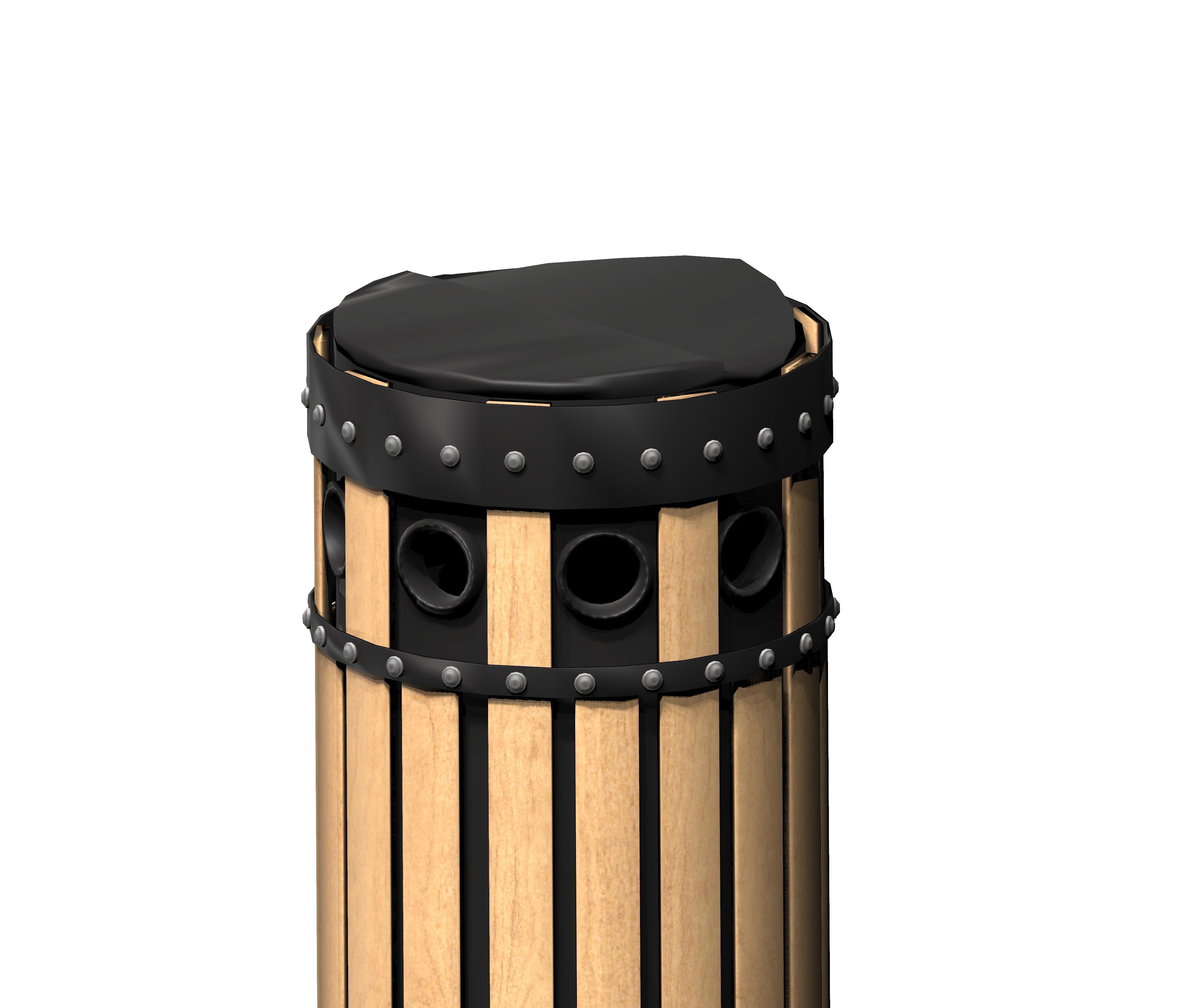 Wooden circular cage type trash can with metal feet Low-poly 3D model_1