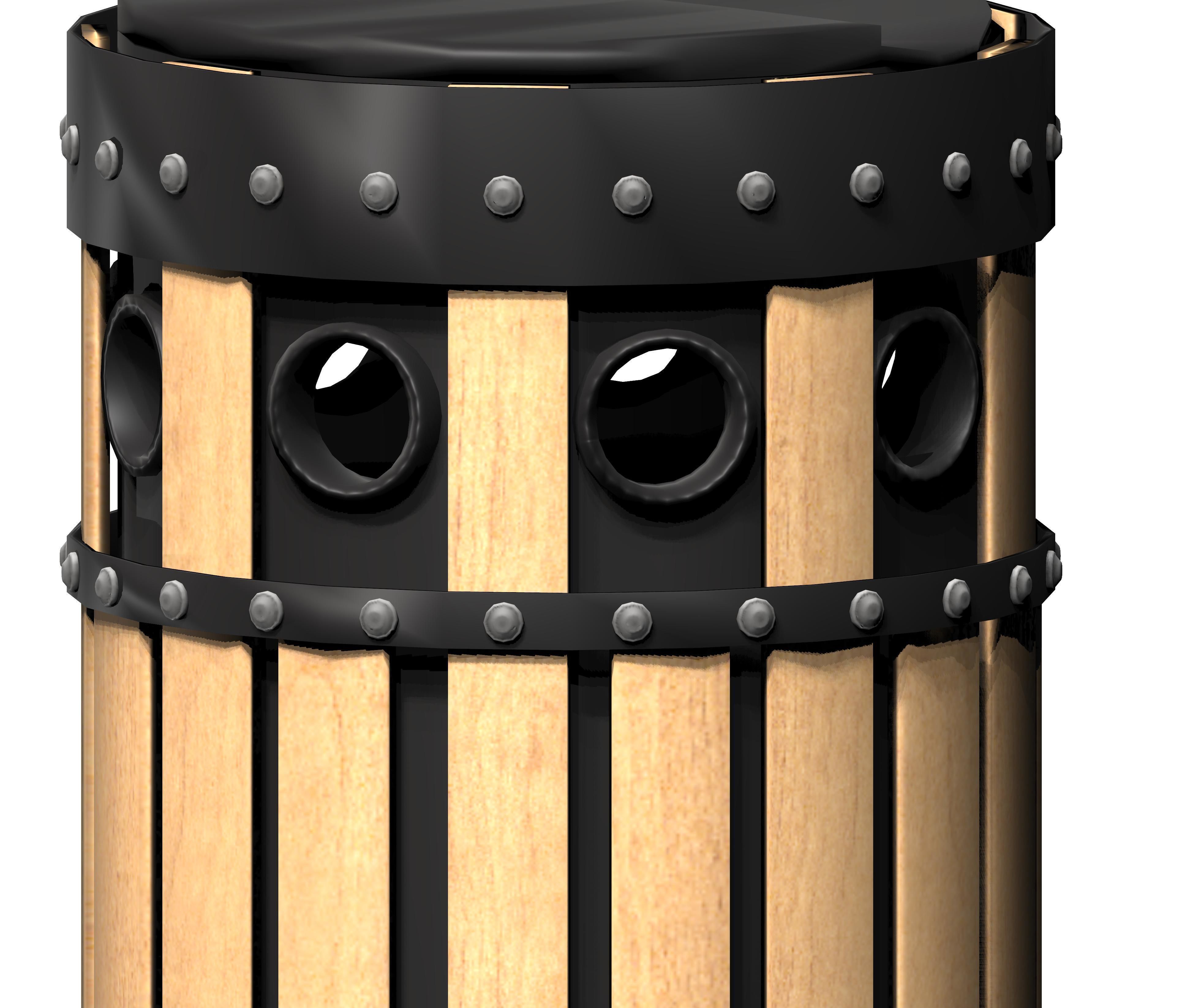 Wooden circular cage type trash can with metal feet Low-poly 3D model_4