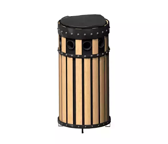 Wooden circular cage type trash can with metal feet Low-poly 3D model