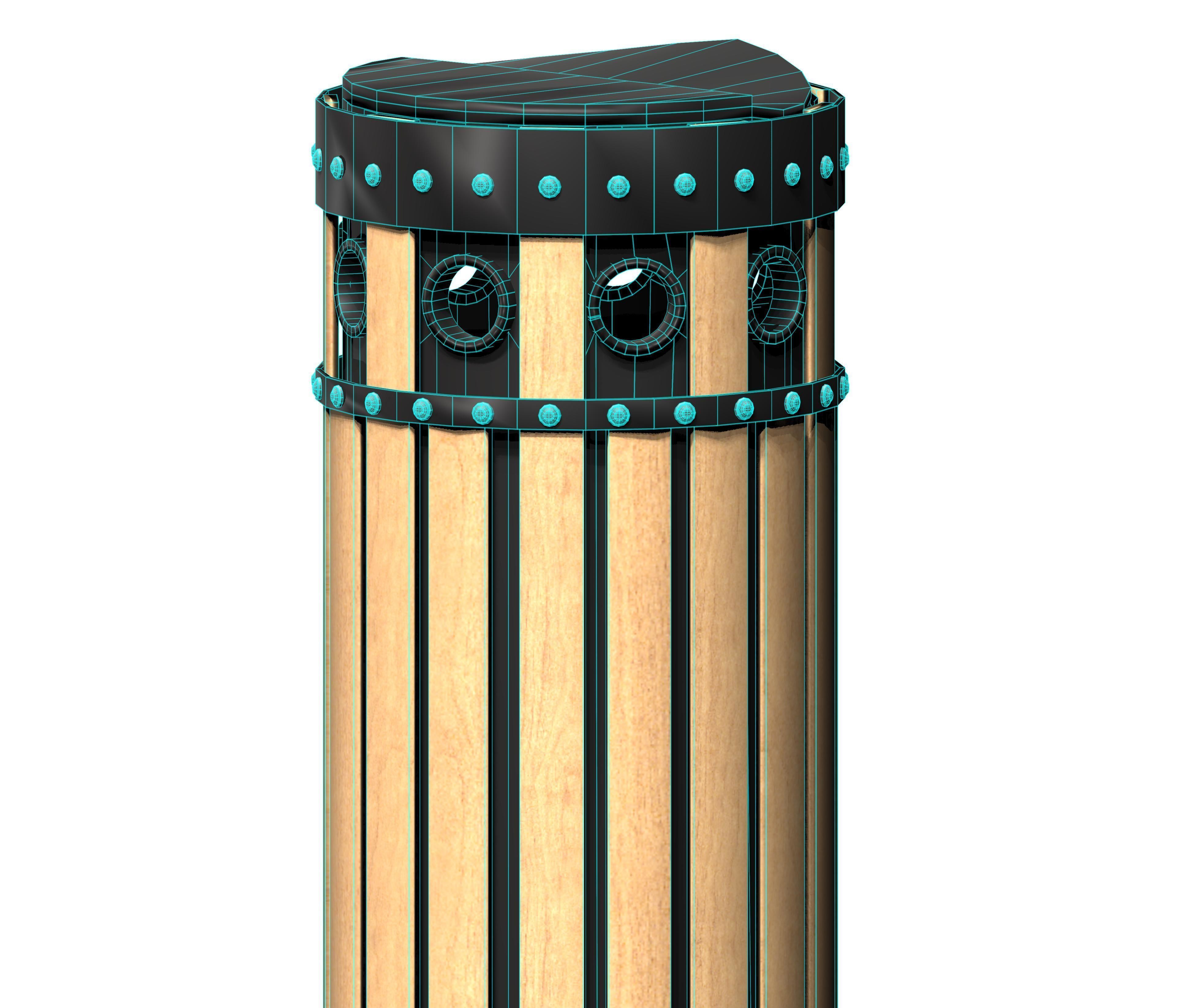Wooden circular cage type trash can with metal feet Low-poly 3D model_5