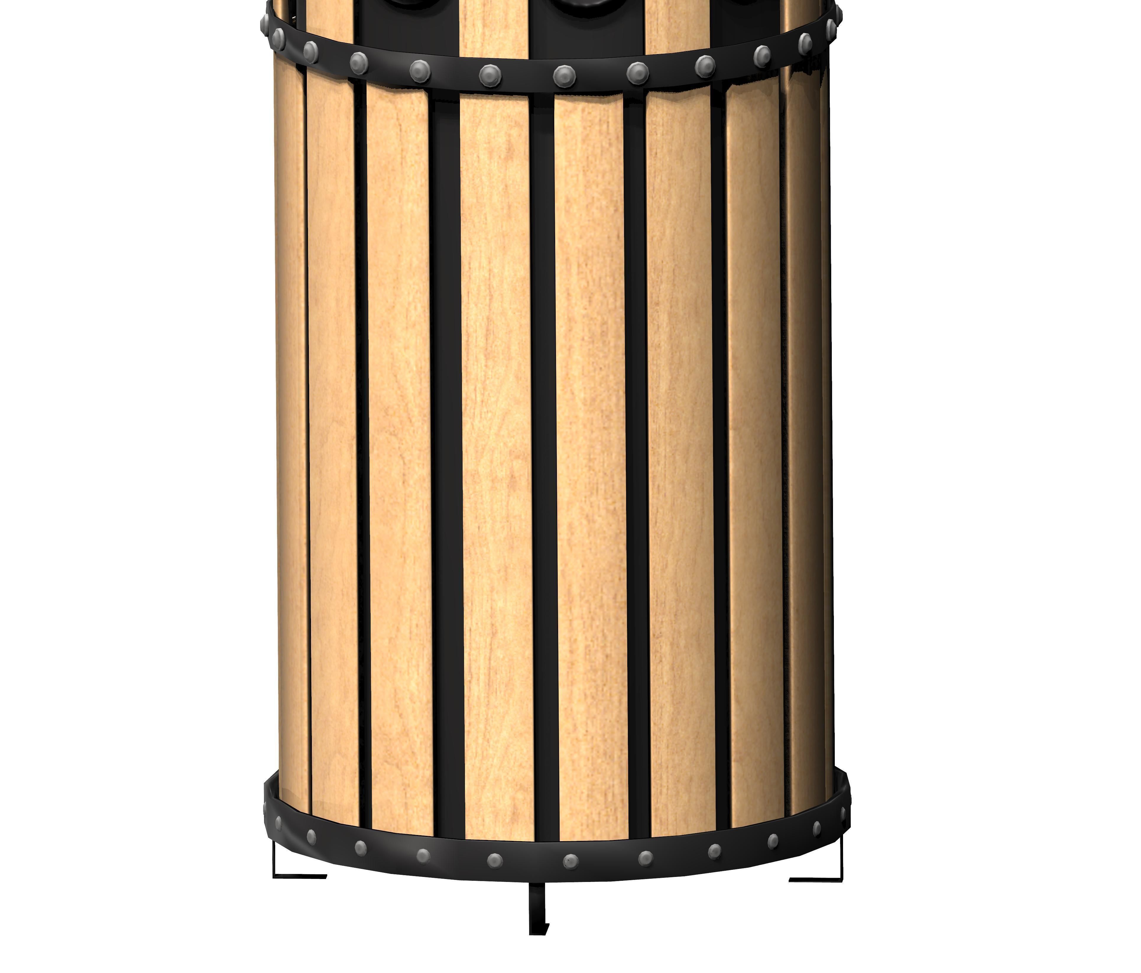 Wooden circular cage type trash can with metal feet Low-poly 3D model_2