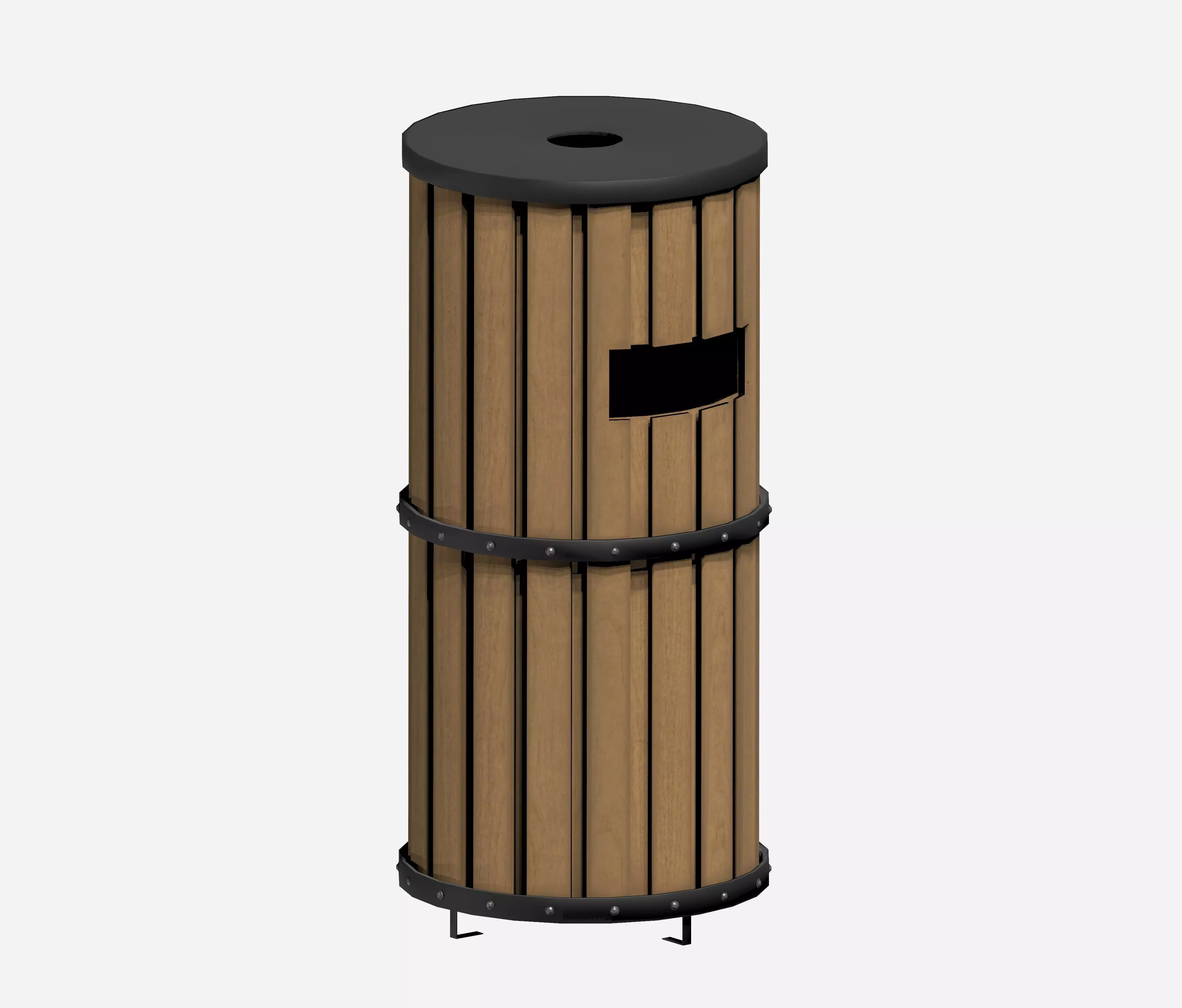 Wooden cylindrical cage type trash can with metal feet Low-poly 3D model_0