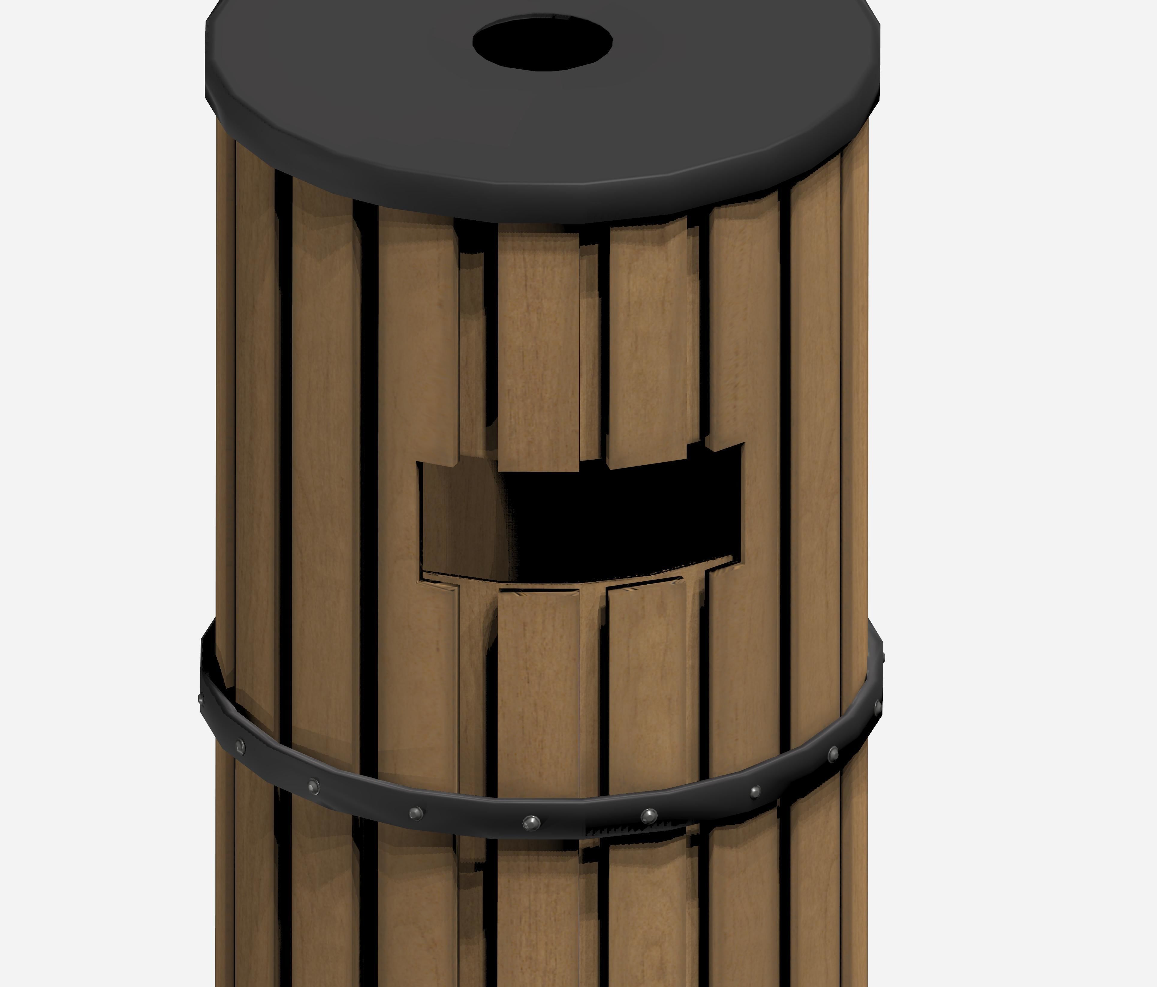 Wooden cylindrical cage type trash can with metal feet Low-poly 3D model_4