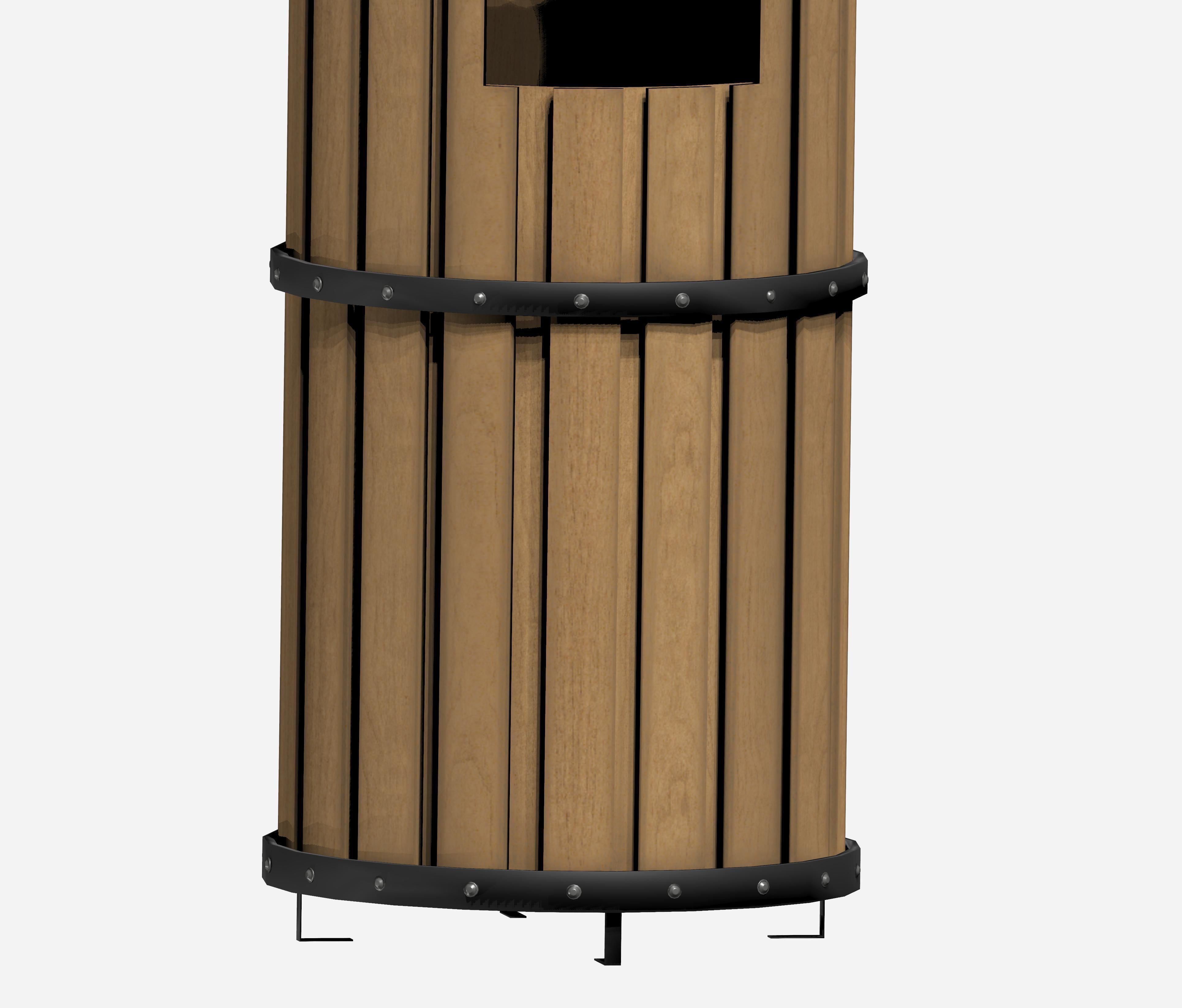 Wooden cylindrical cage type trash can with metal feet Low-poly 3D model_3