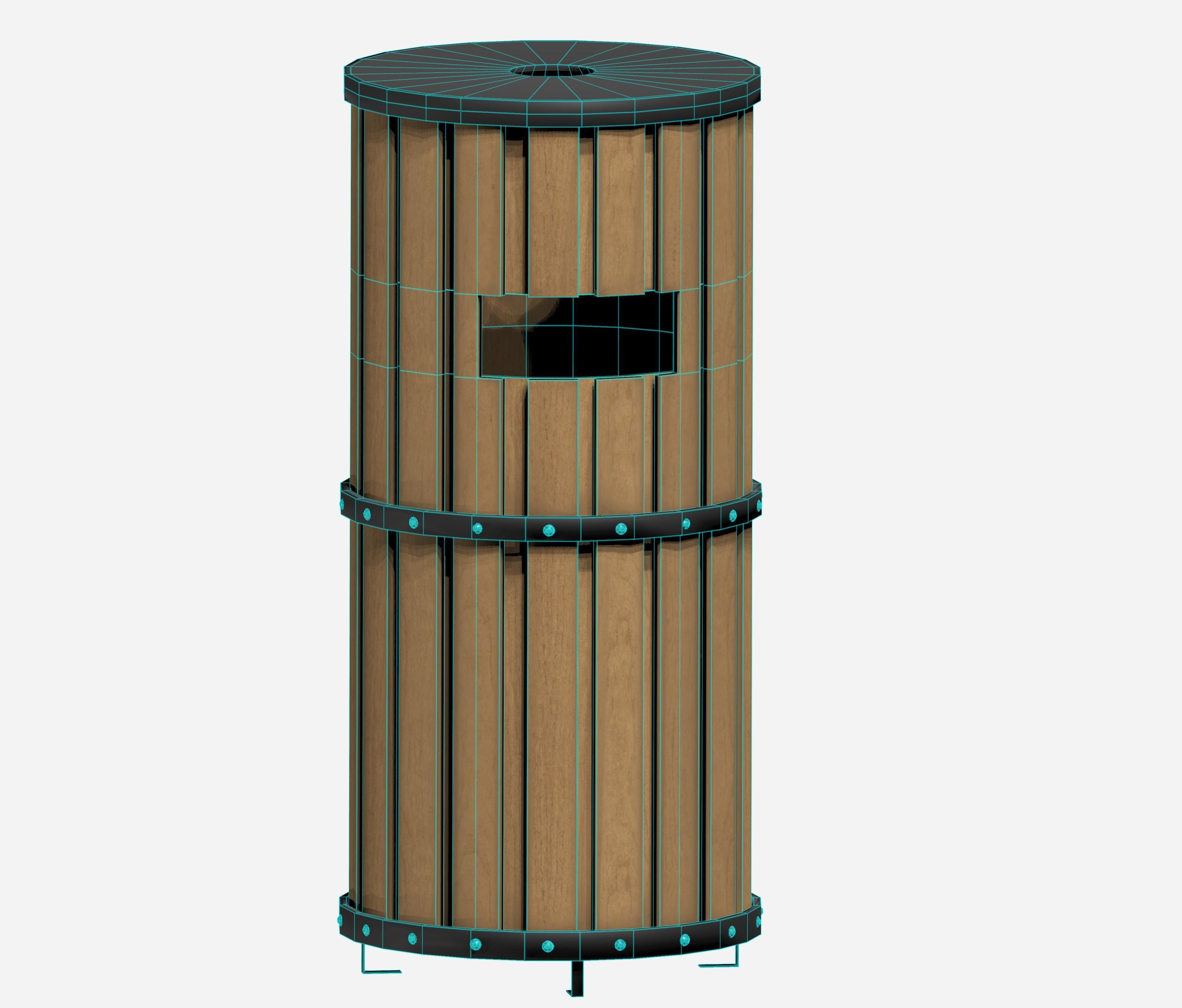 Wooden cylindrical cage type trash can with metal feet Low-poly 3D model_5