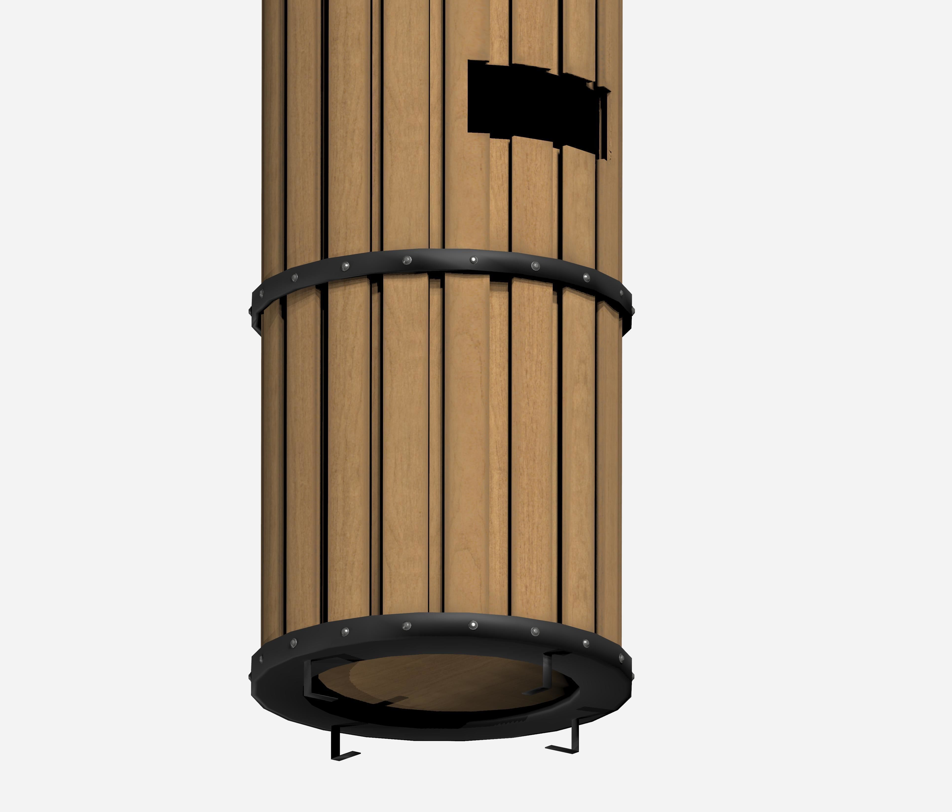 Wooden cylindrical cage type trash can with metal feet Low-poly 3D model_2