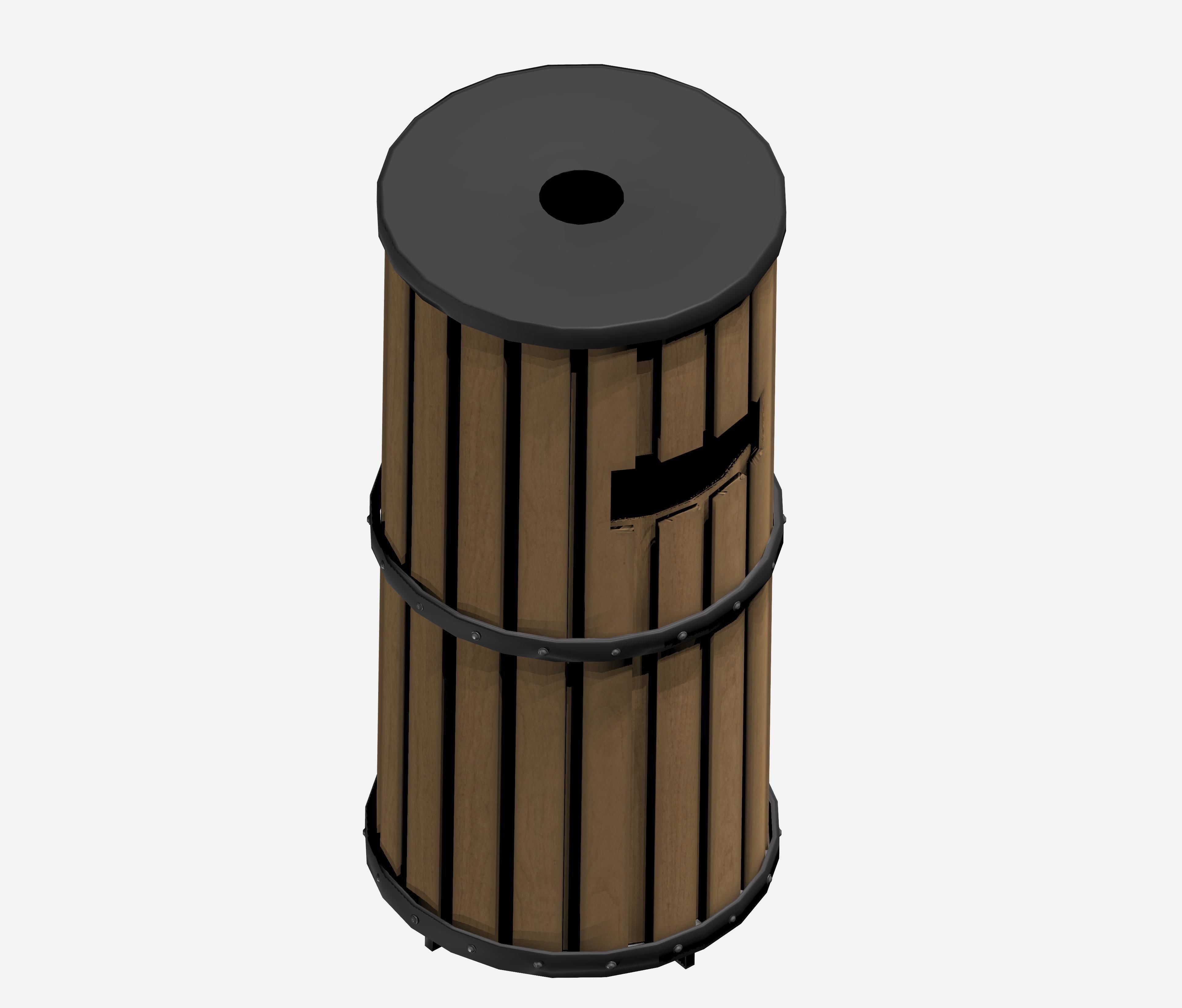 Wooden cylindrical cage type trash can with metal feet Low-poly 3D model_1