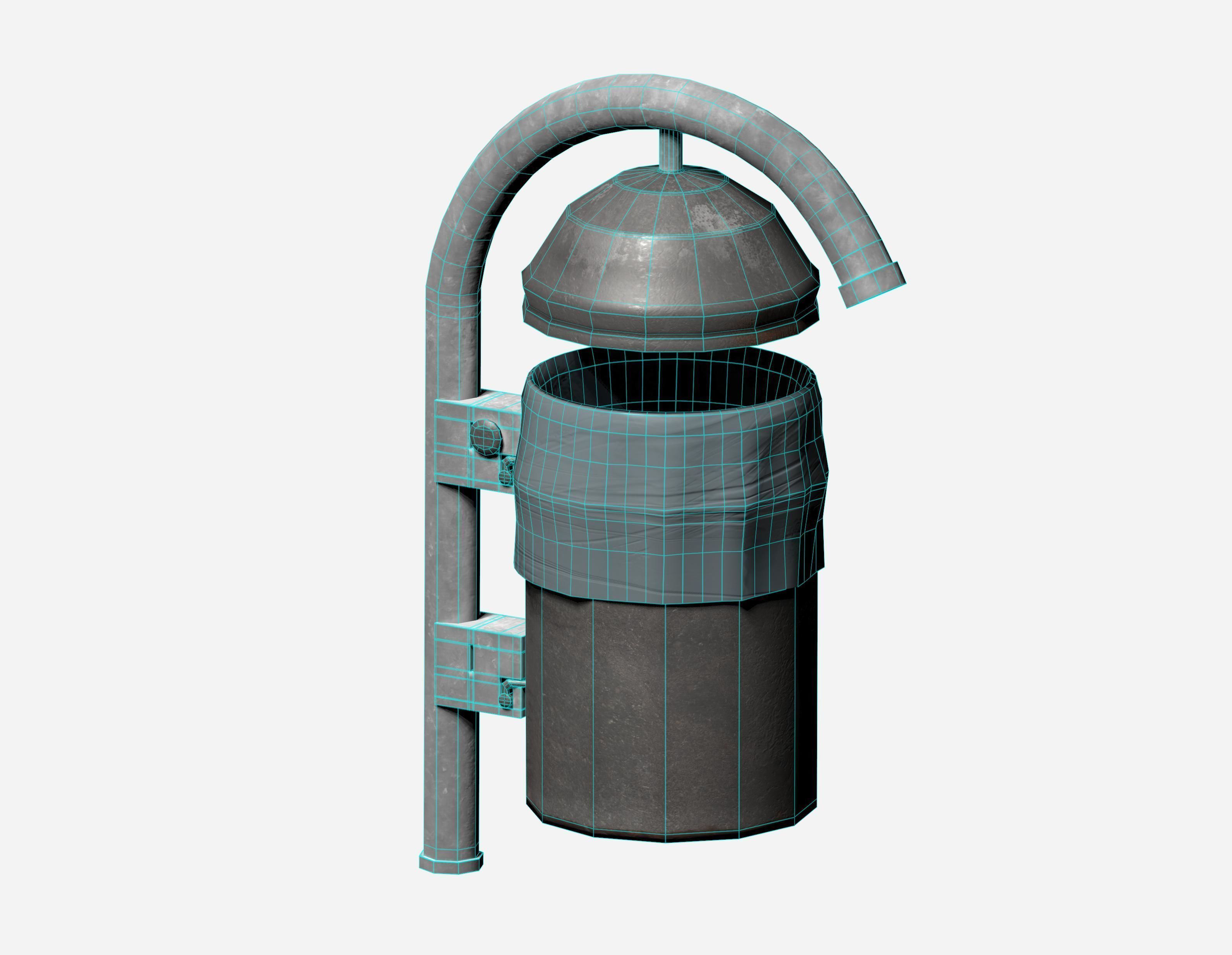 Grey cage type trash can with carrier bag Low-poly 3D model_6