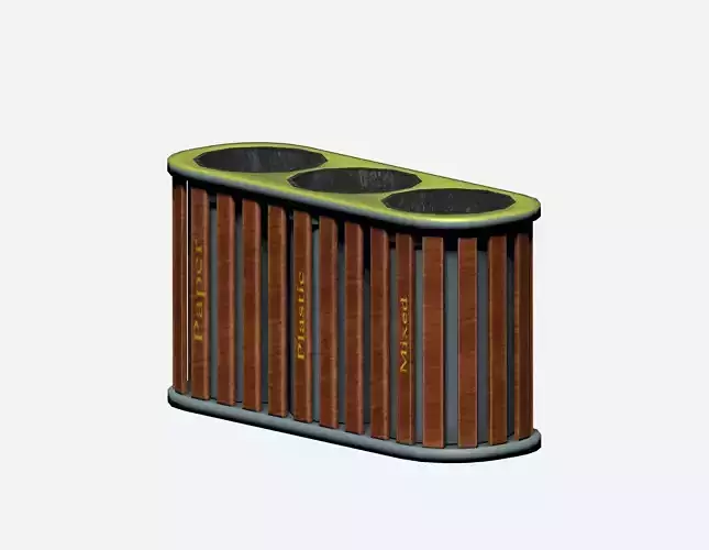 Triple wooden and metal trash can with carrier bag Low-poly 3D model