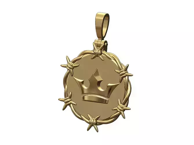 Crown barbwire round pendant with bail