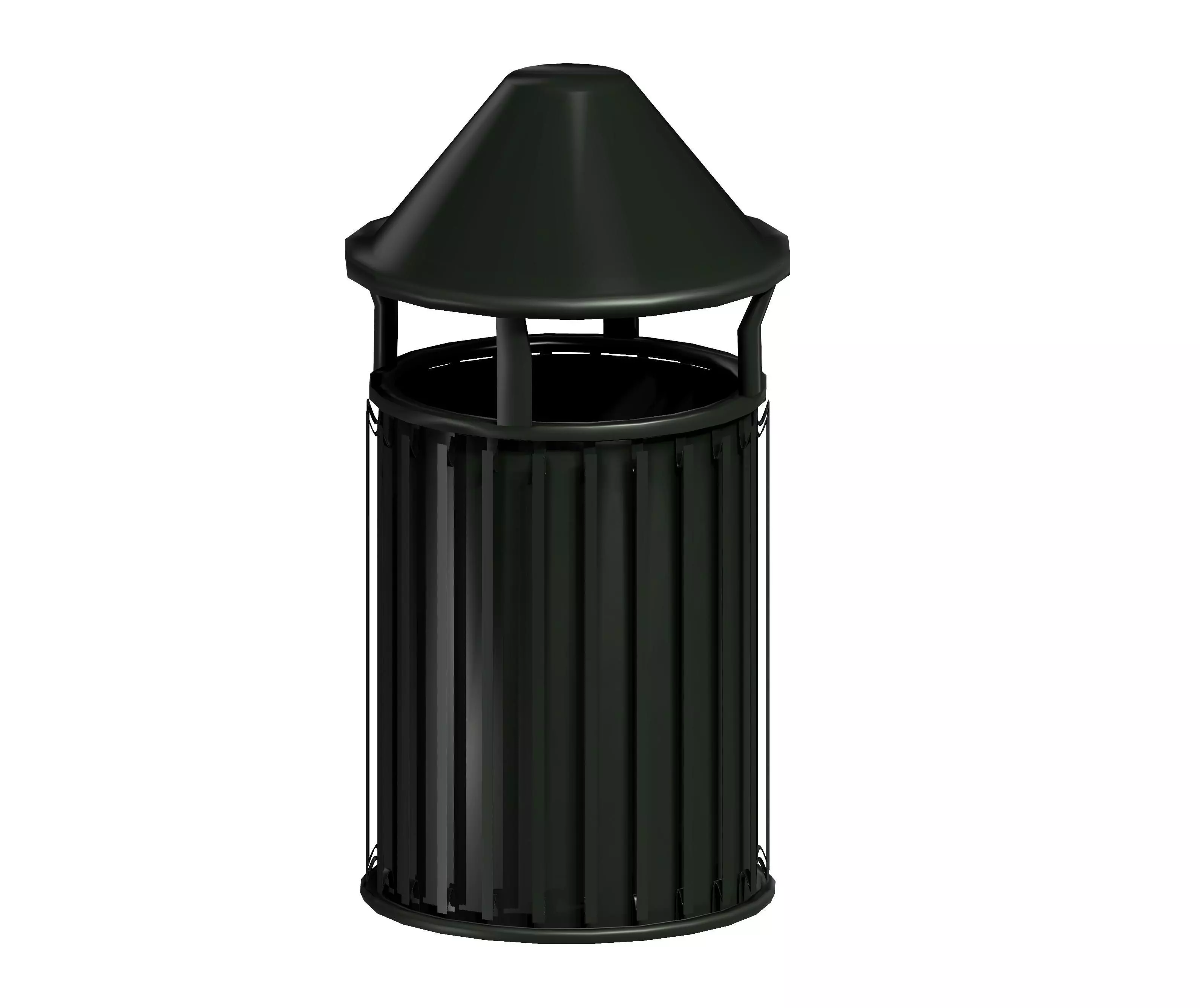 Black circular cage type trash can with tap cover Low-poly 3D model_0