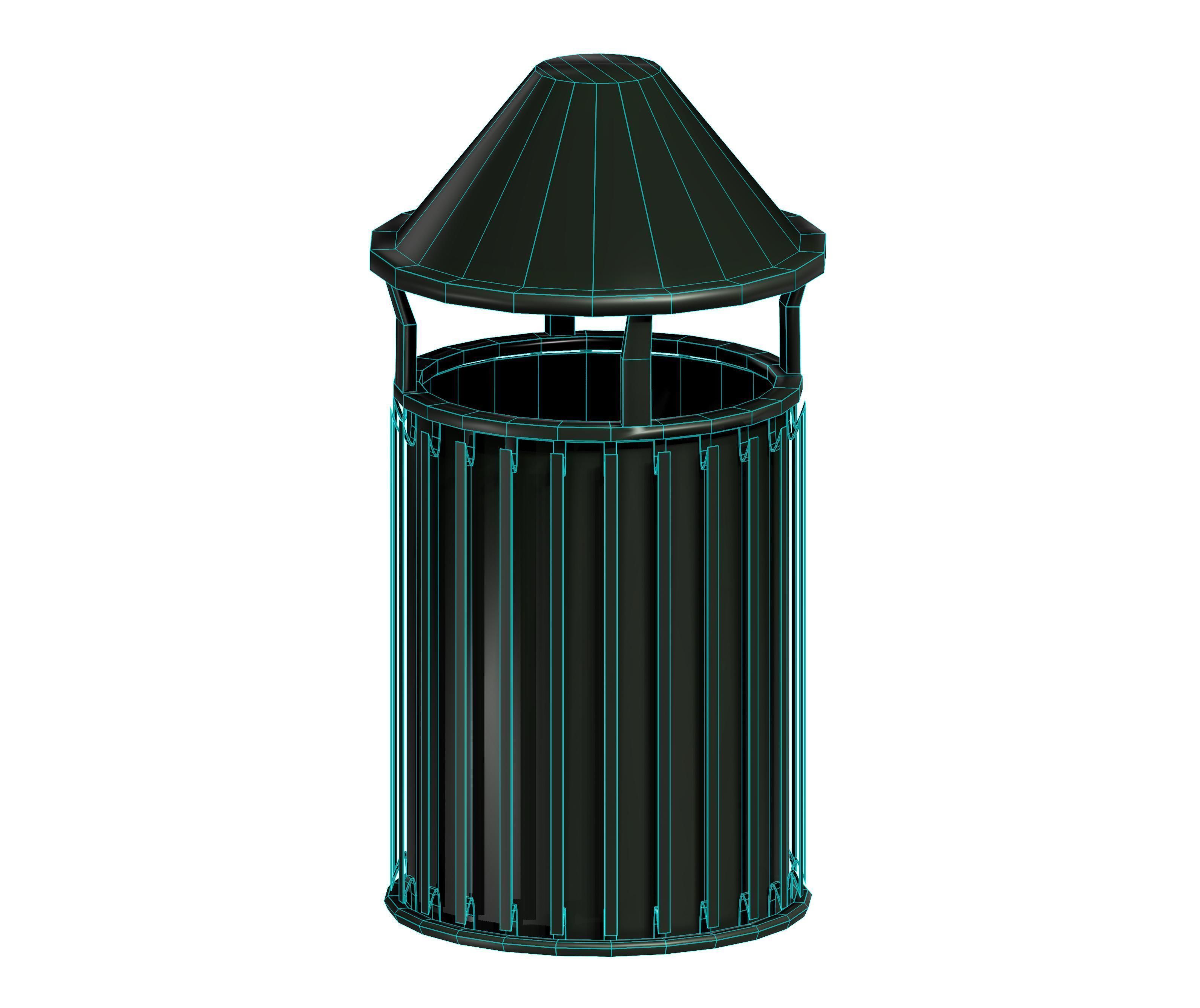Black circular cage type trash can with tap cover Low-poly 3D model_5