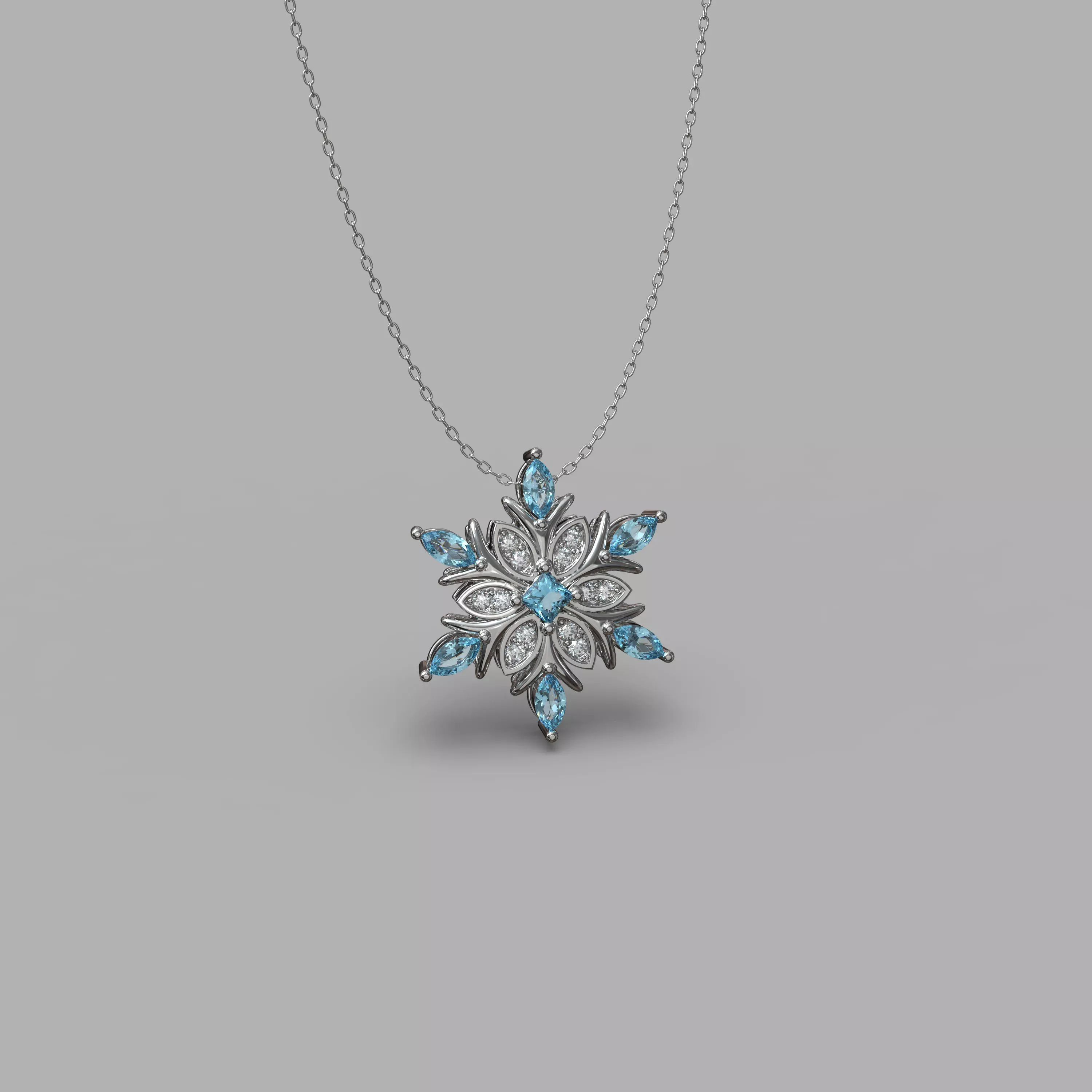 snowflake pendant with marquise princess and round gemstone 3D print model