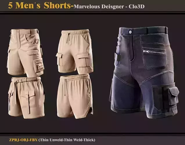 5 Men Shorts-Marvelous Designer-Clo3D-FBX-OBJ 3D model
