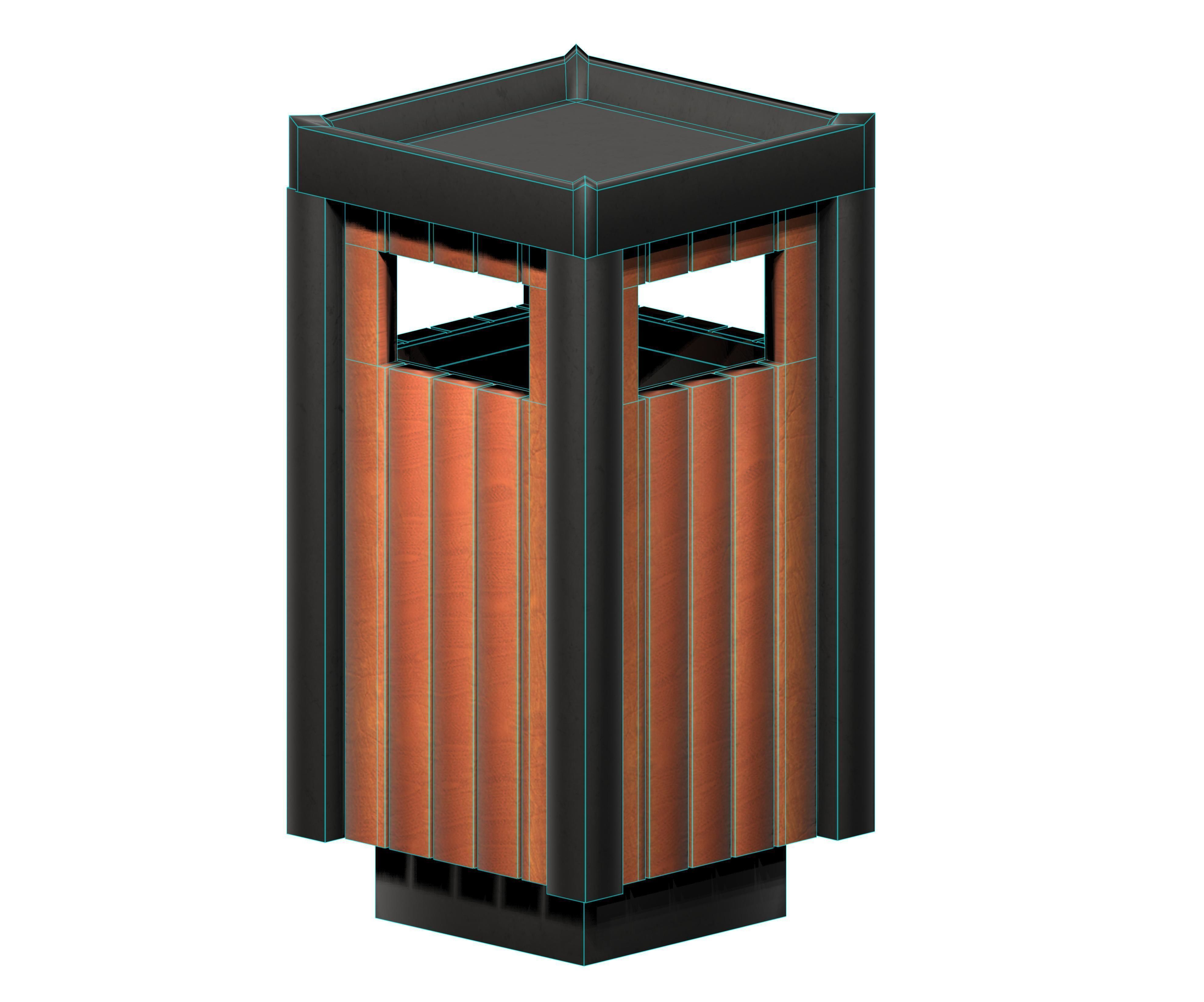 Wooden box type cage trash can Low-poly 3D model_5