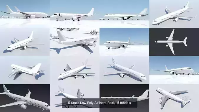 5 Static aircraft Low Poly Airliner Pack Scenery 3D Model Collection