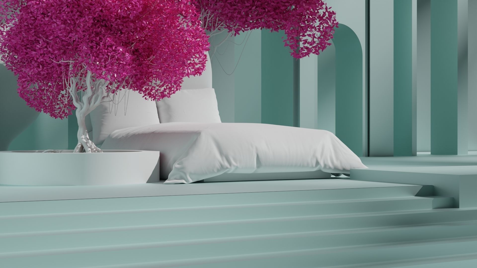 Abstract bedroom bedding set in the minimalistic garden 3D model_1