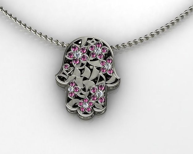 White Gold Diamond Hamsa Pendant 3D print model
