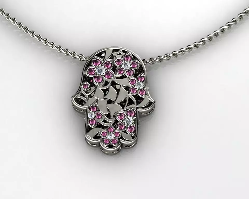 White Gold Diamond Hamsa Pendant 3D print model