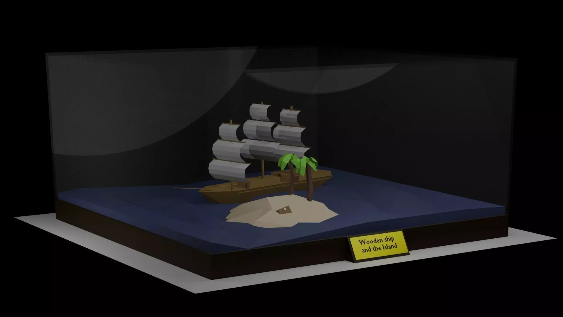 Low poly wooden ship and the Island in glass box Low-poly 3D model