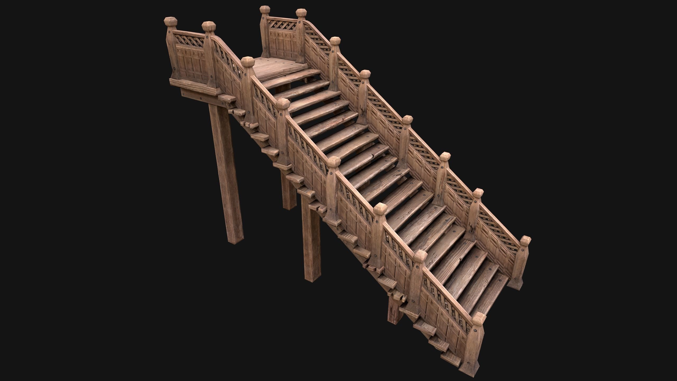 Wooden Staircase Medieval Low-poly 3D model_7