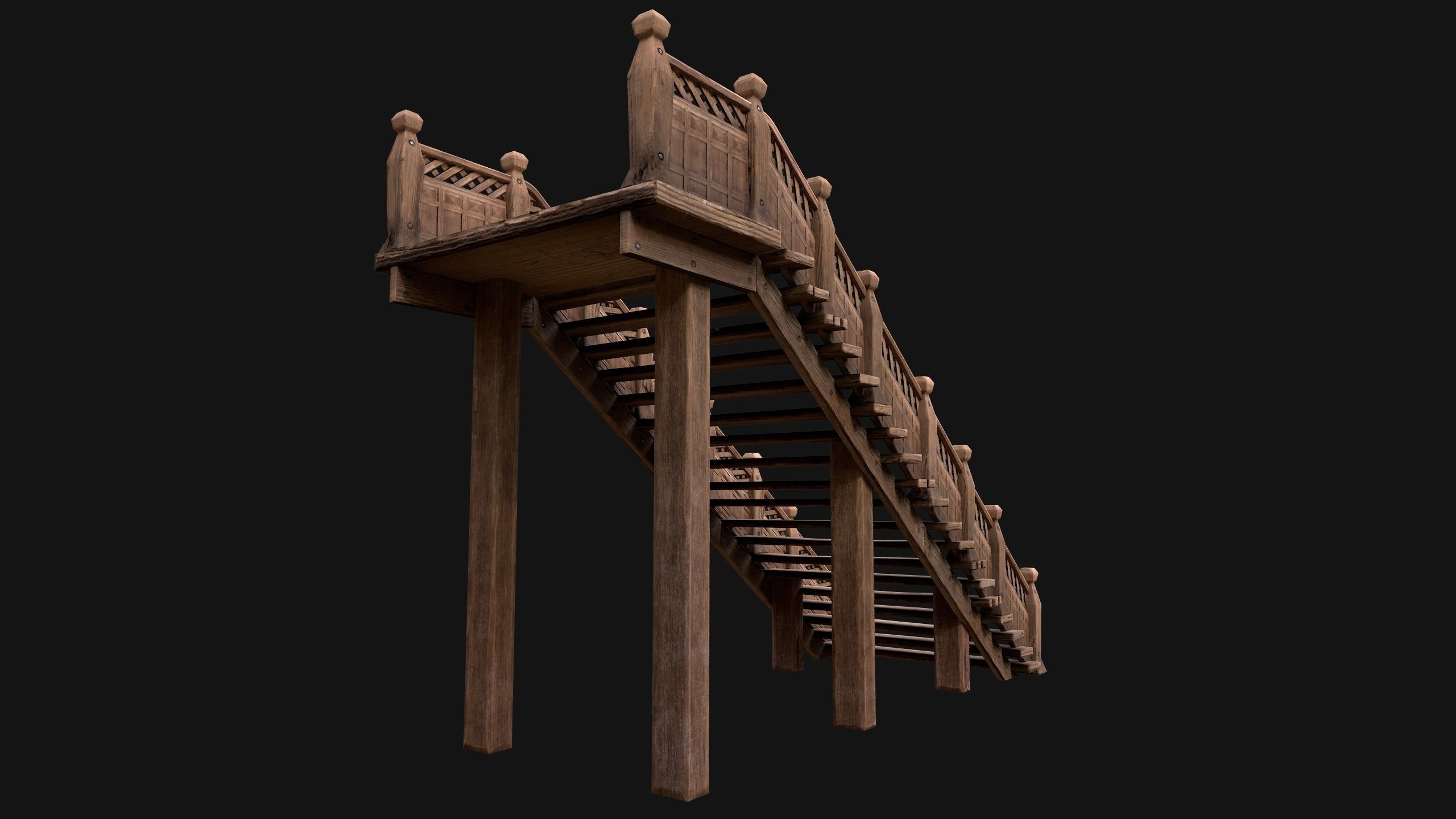 Wooden Staircase Medieval Low-poly 3D model_9