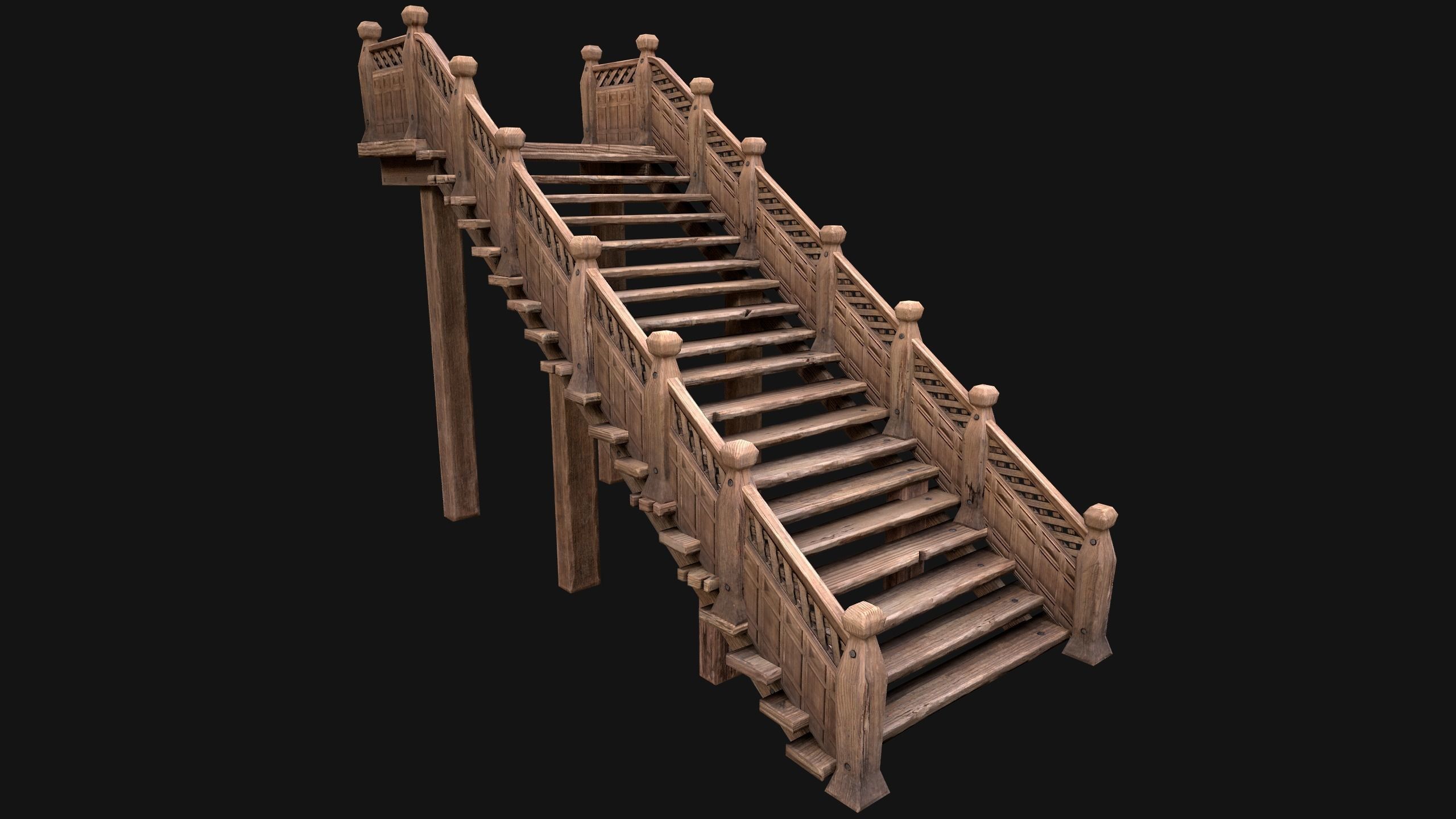 Wooden Staircase Medieval Low-poly 3D model_17