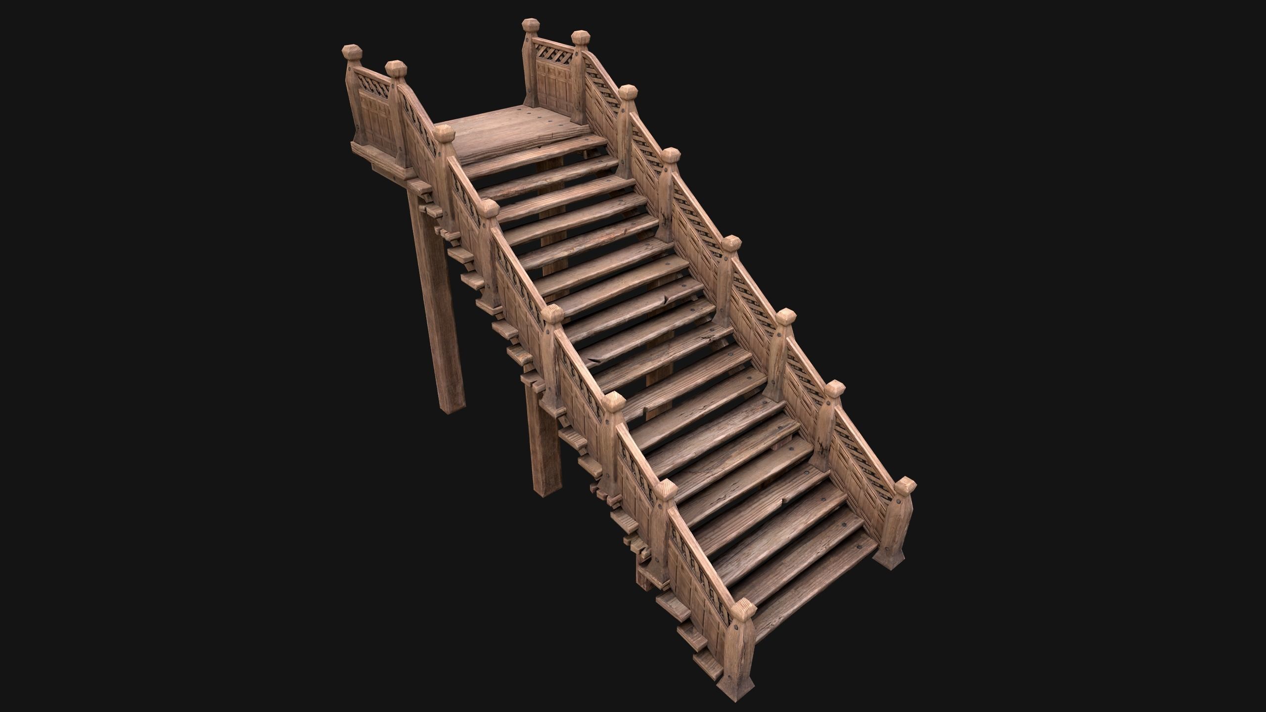 Wooden Staircase Medieval Low-poly 3D model_6
