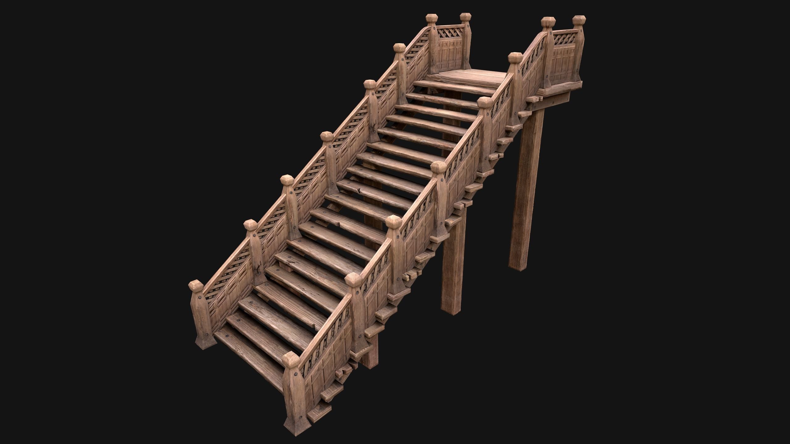 Wooden Staircase Medieval Low-poly 3D model_14