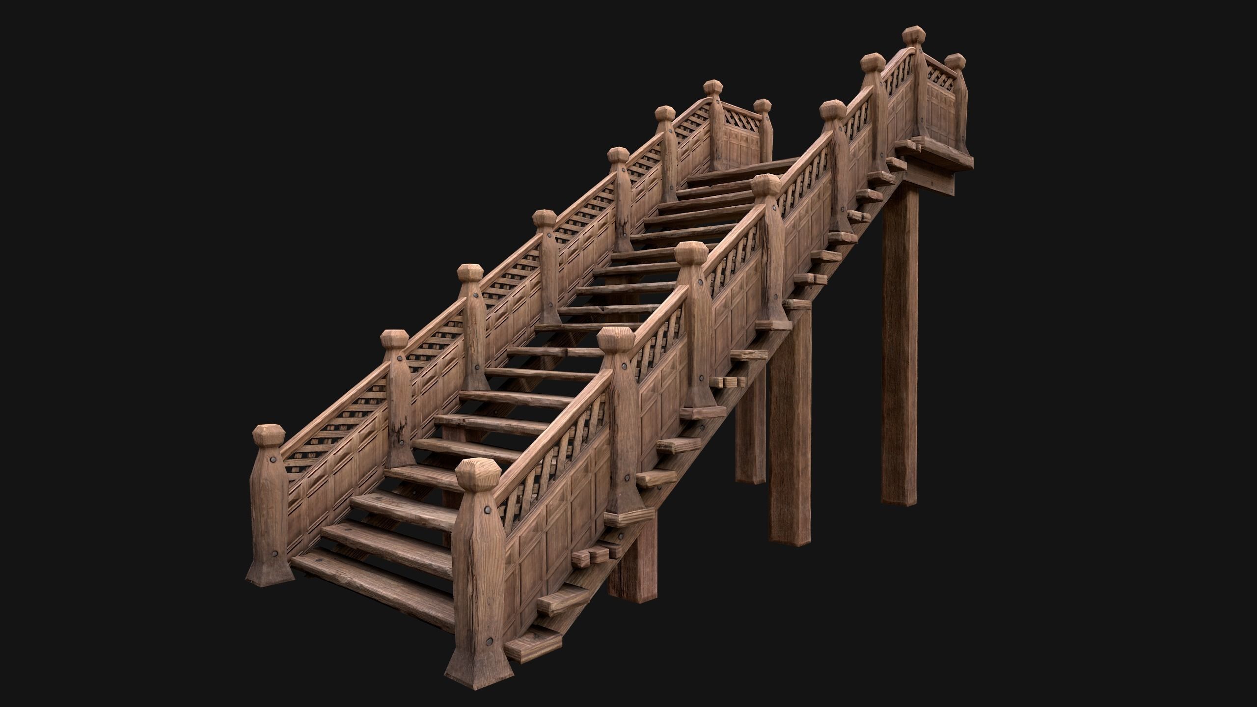 Wooden Staircase Medieval Low-poly 3D model_4