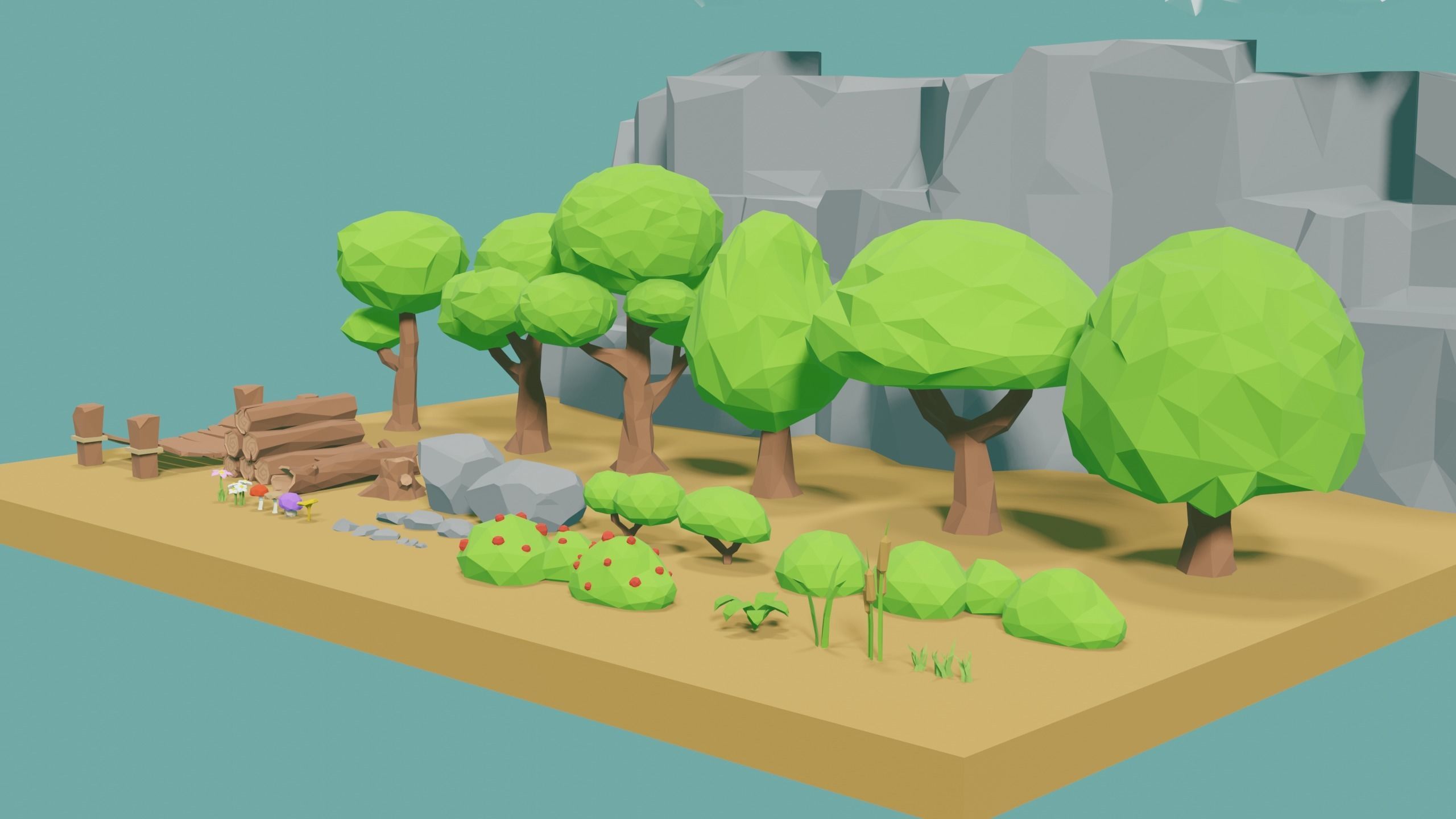 Low Poly Nature Environment with Trees - Rocks - Plants Free low-poly 3D model_3
