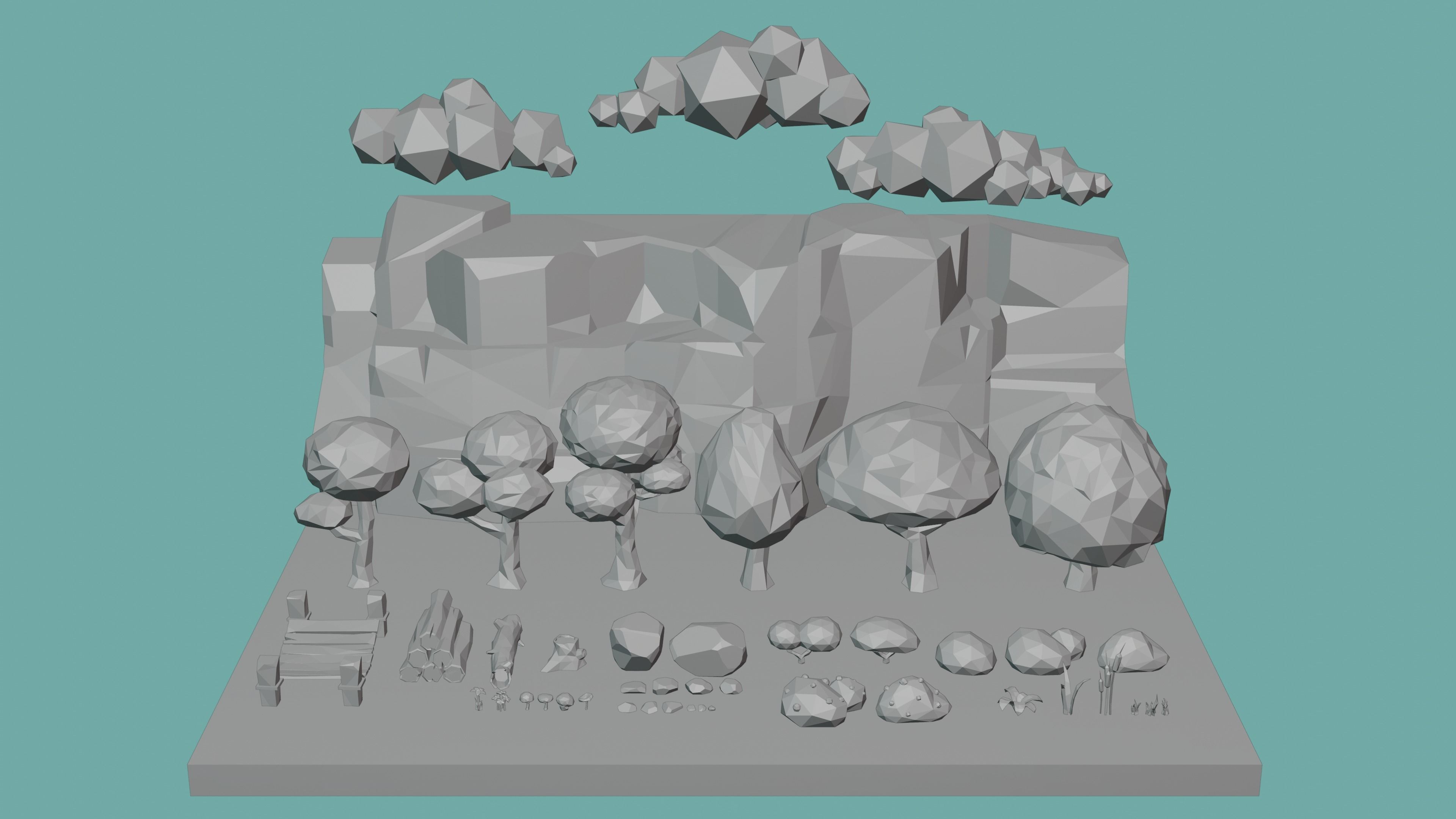 Low Poly Nature Environment with Trees - Rocks - Plants Free low-poly 3D model_4