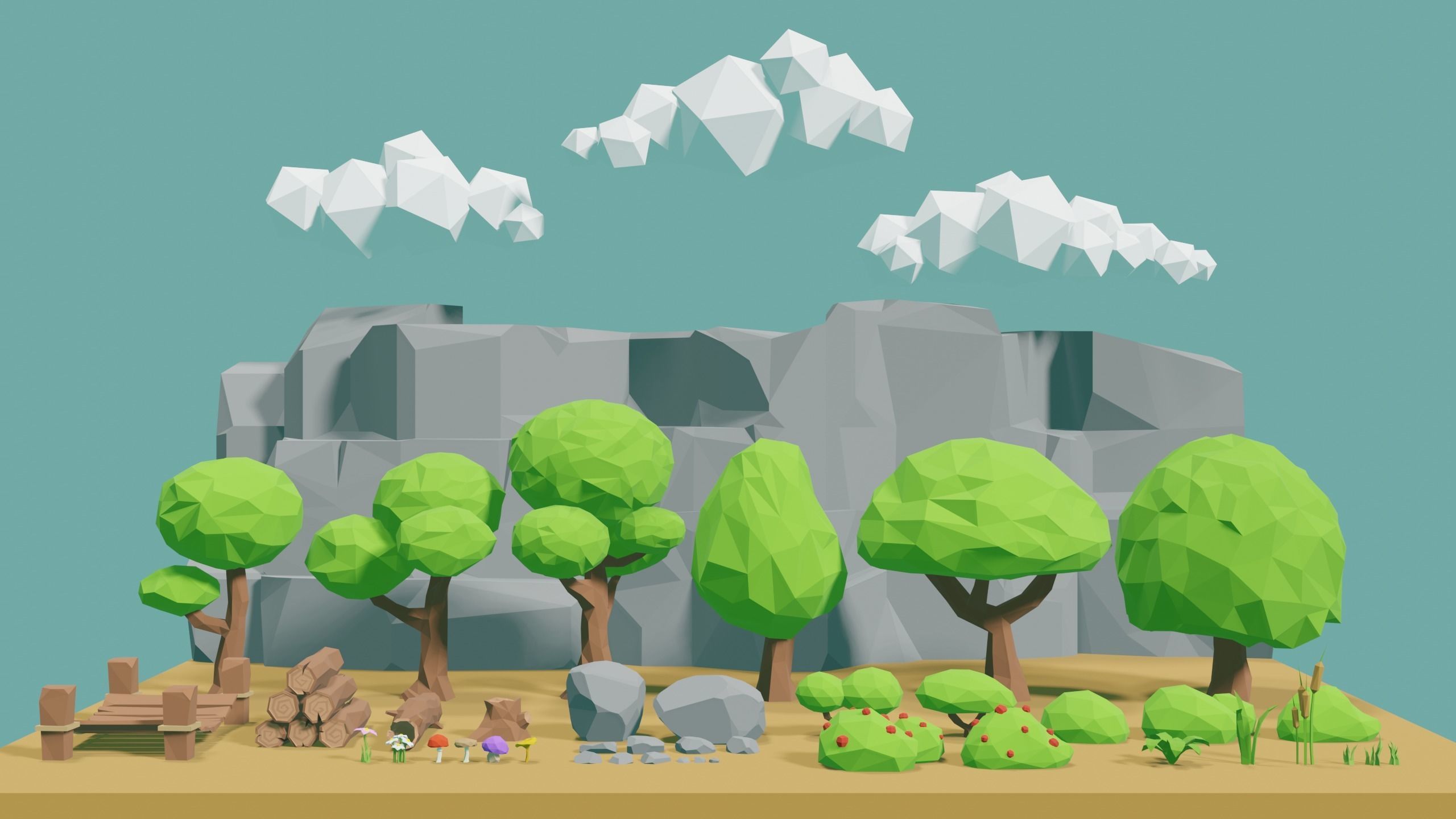 Low Poly Nature Environment with Trees - Rocks - Plants Free low-poly 3D model_2