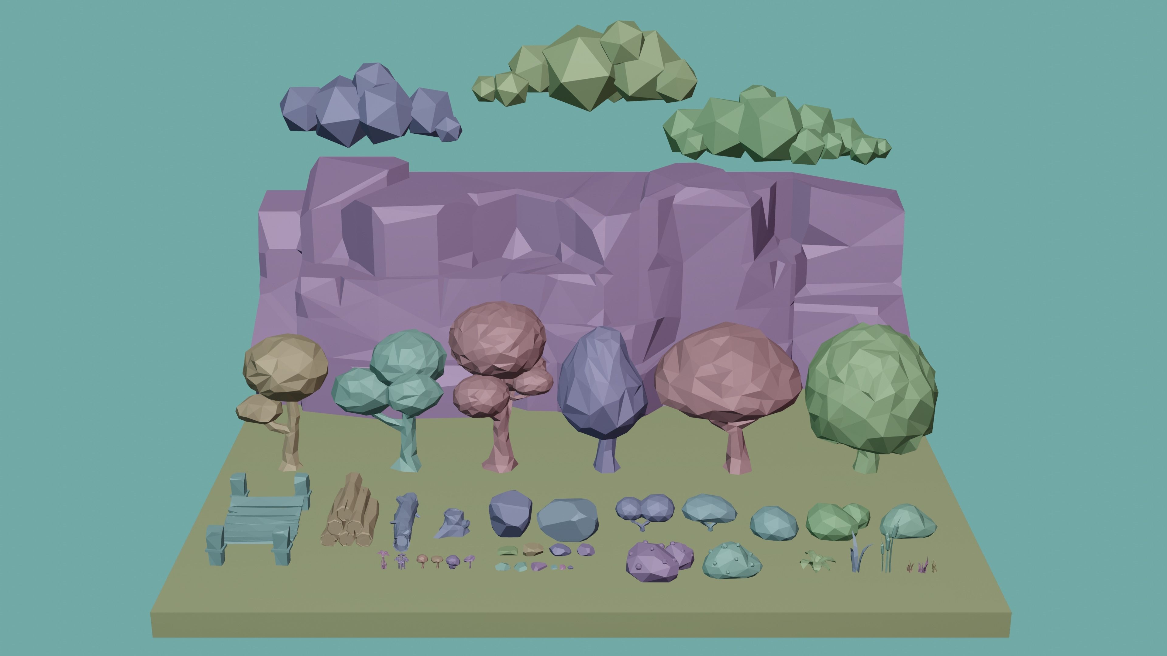 Low Poly Nature Environment with Trees - Rocks - Plants Free low-poly 3D model_5