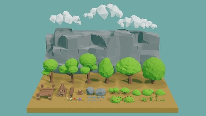 Low Poly Nature Environment with Trees - Rocks - Plants Free low-poly 3D model