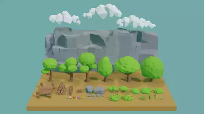 Low Poly Nature Environment with Trees - Rocks - Plants