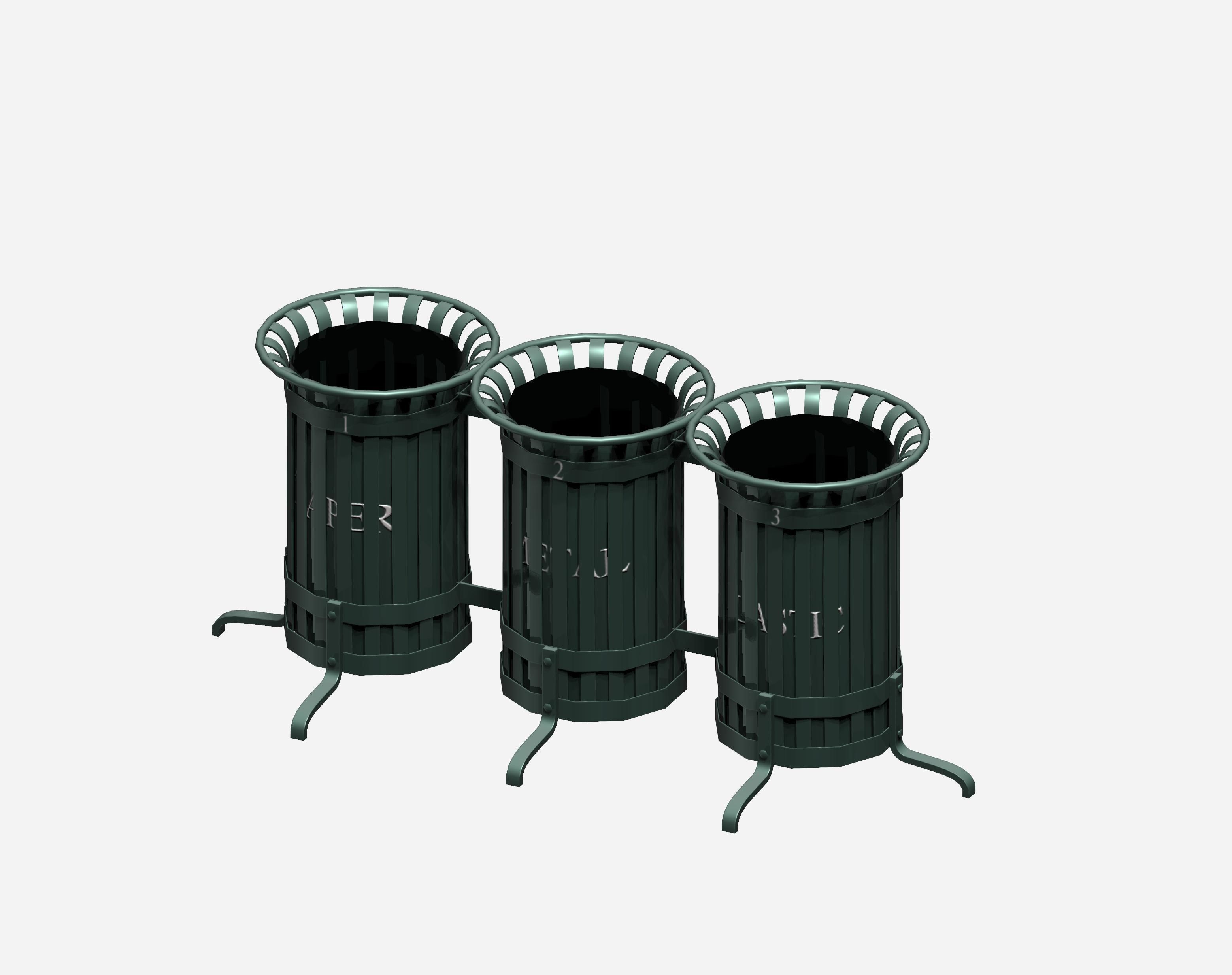 Triple cage type open blue street garbage bin Low-poly 3D model_1