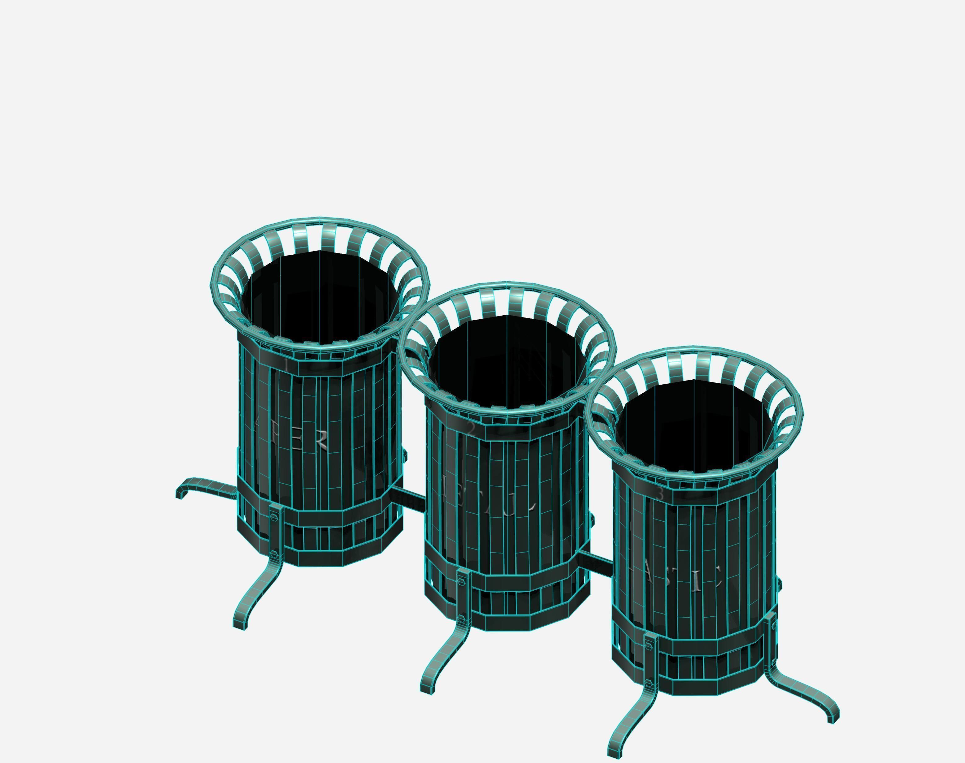 Triple cage type open blue street garbage bin Low-poly 3D model_6