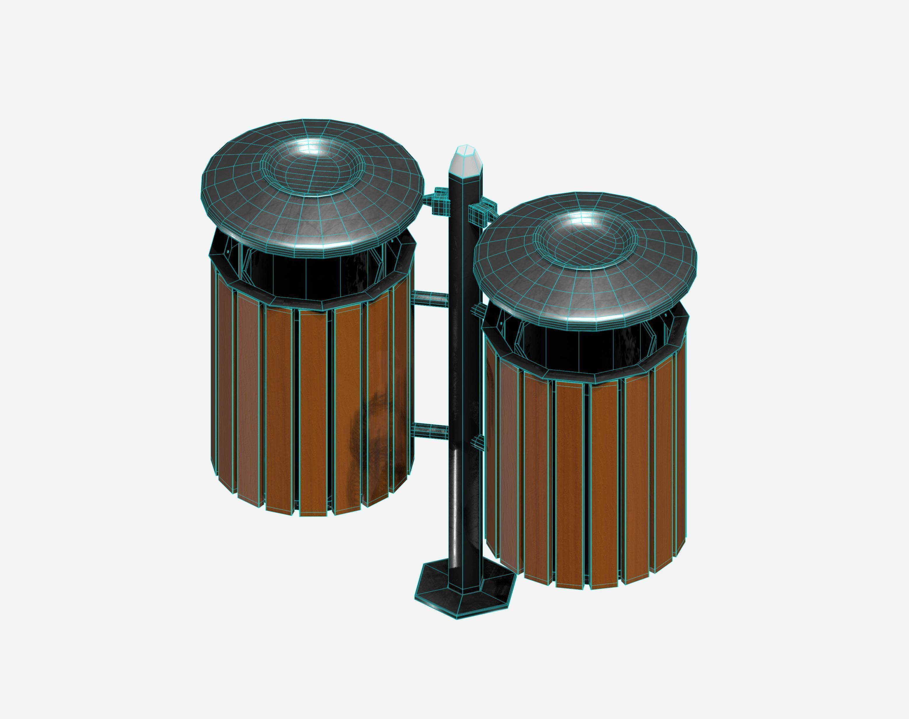 Double wooden circular cage  trash can with tap cover Low-poly 3D model_5