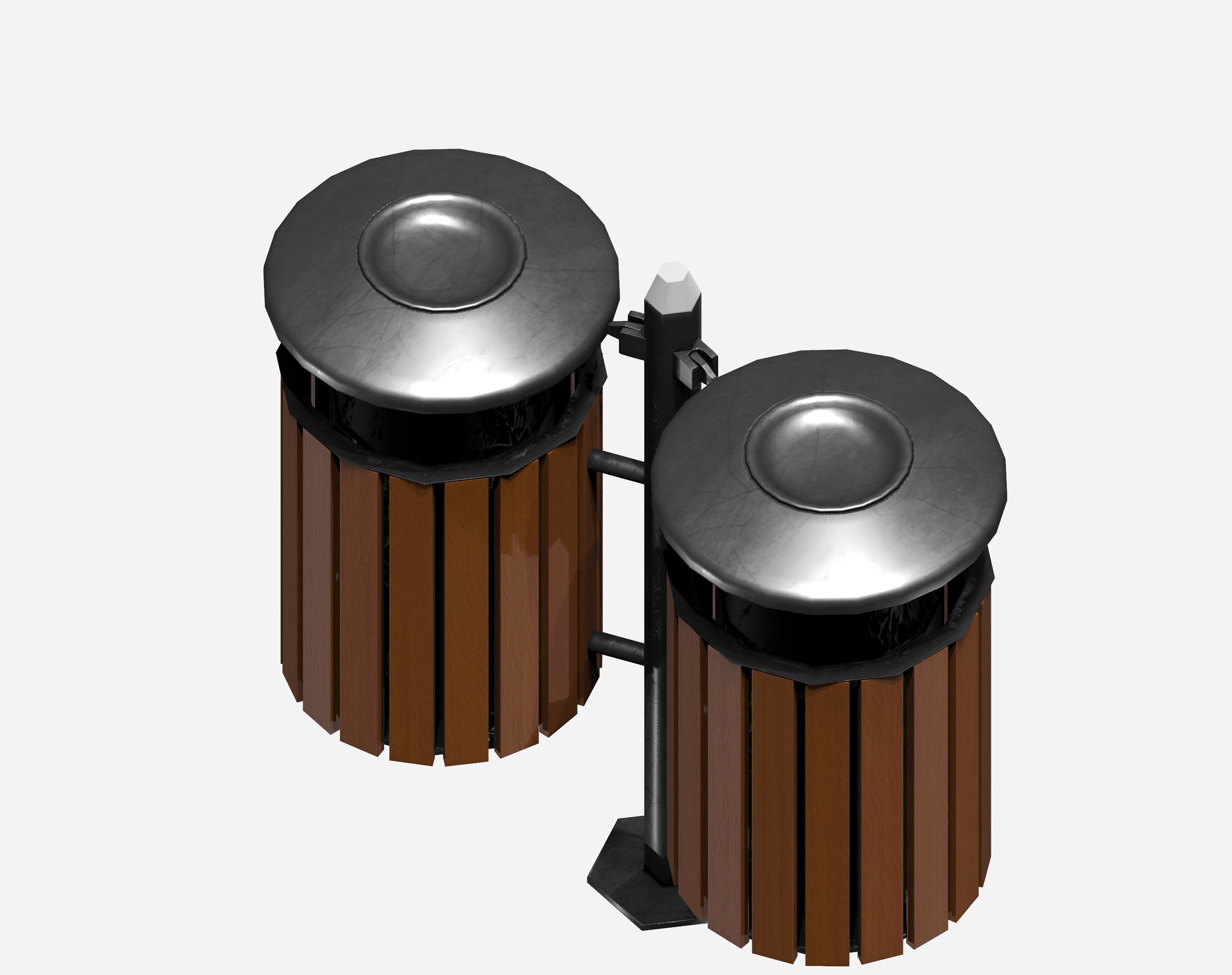 Double wooden circular cage  trash can with tap cover Low-poly 3D model_1